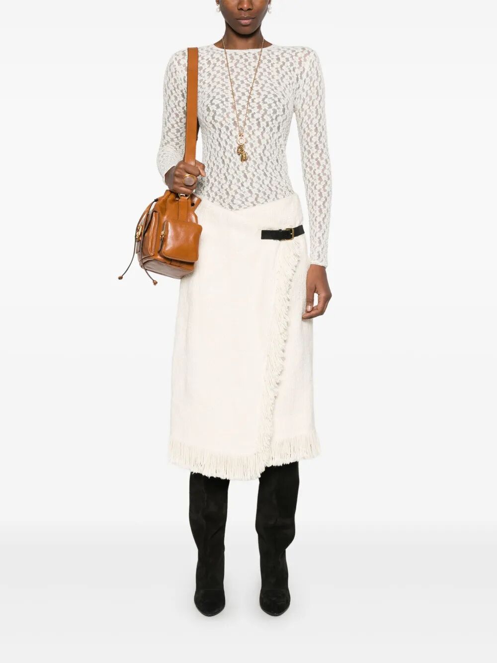 GAELLE LONG-SLEEVED STRETCH LACE TOP