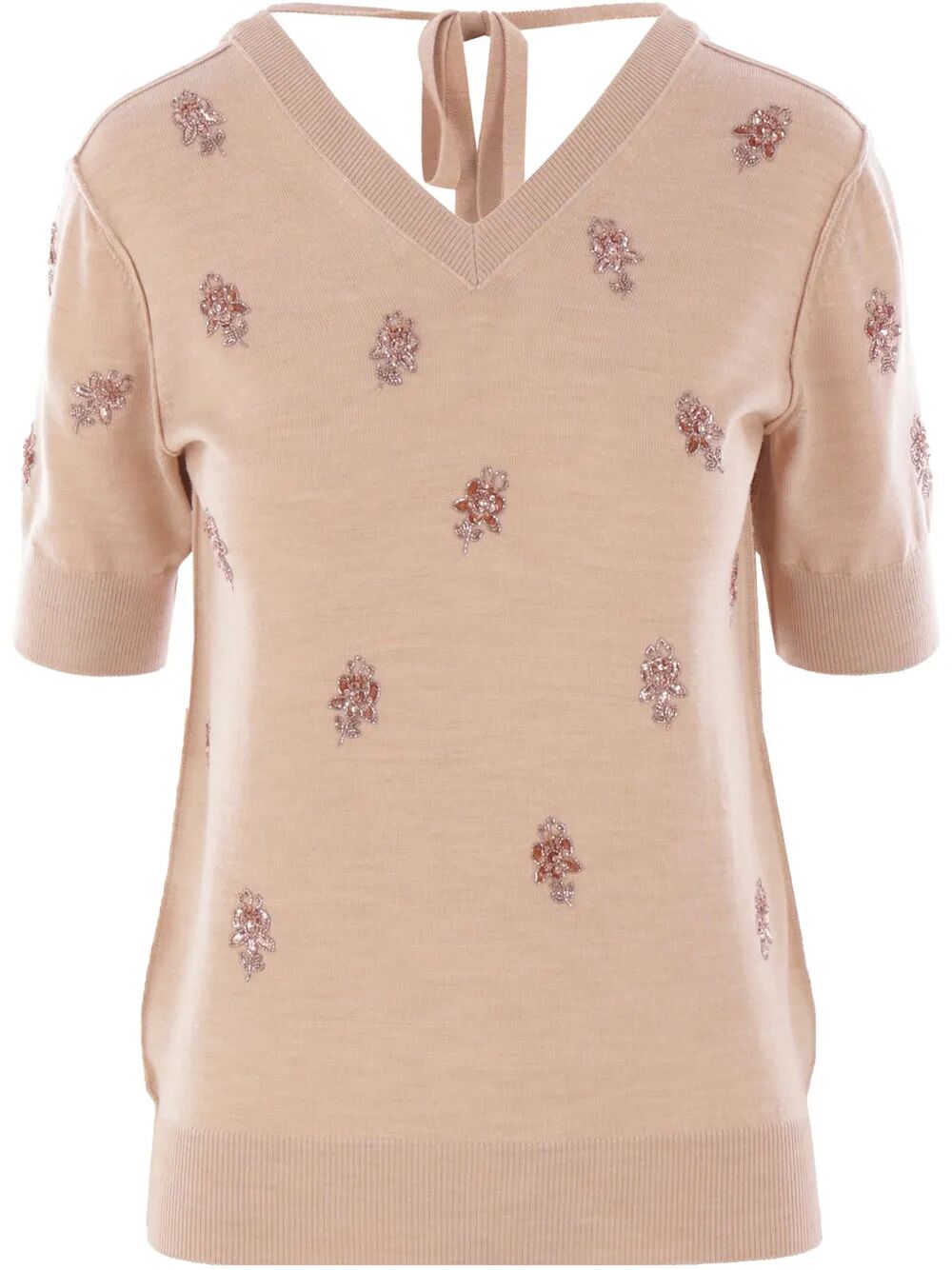 FLORAL MOTIF EMBROIDERED WOOL CROPPED JUMPER