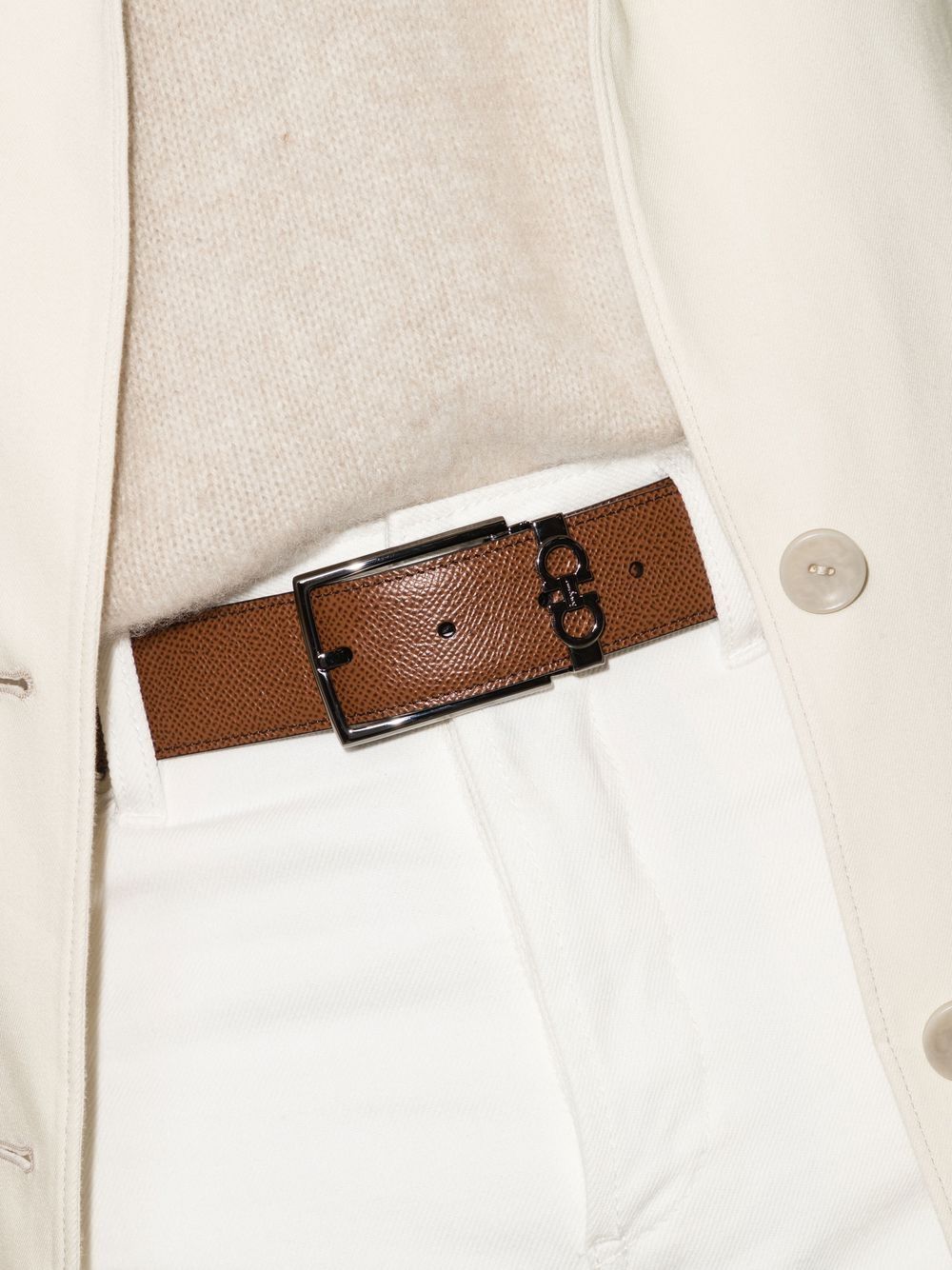 STAMPED LEATHER REVERSIBLE GANCINI BELT WITH RECTANGULAR BUCKLE