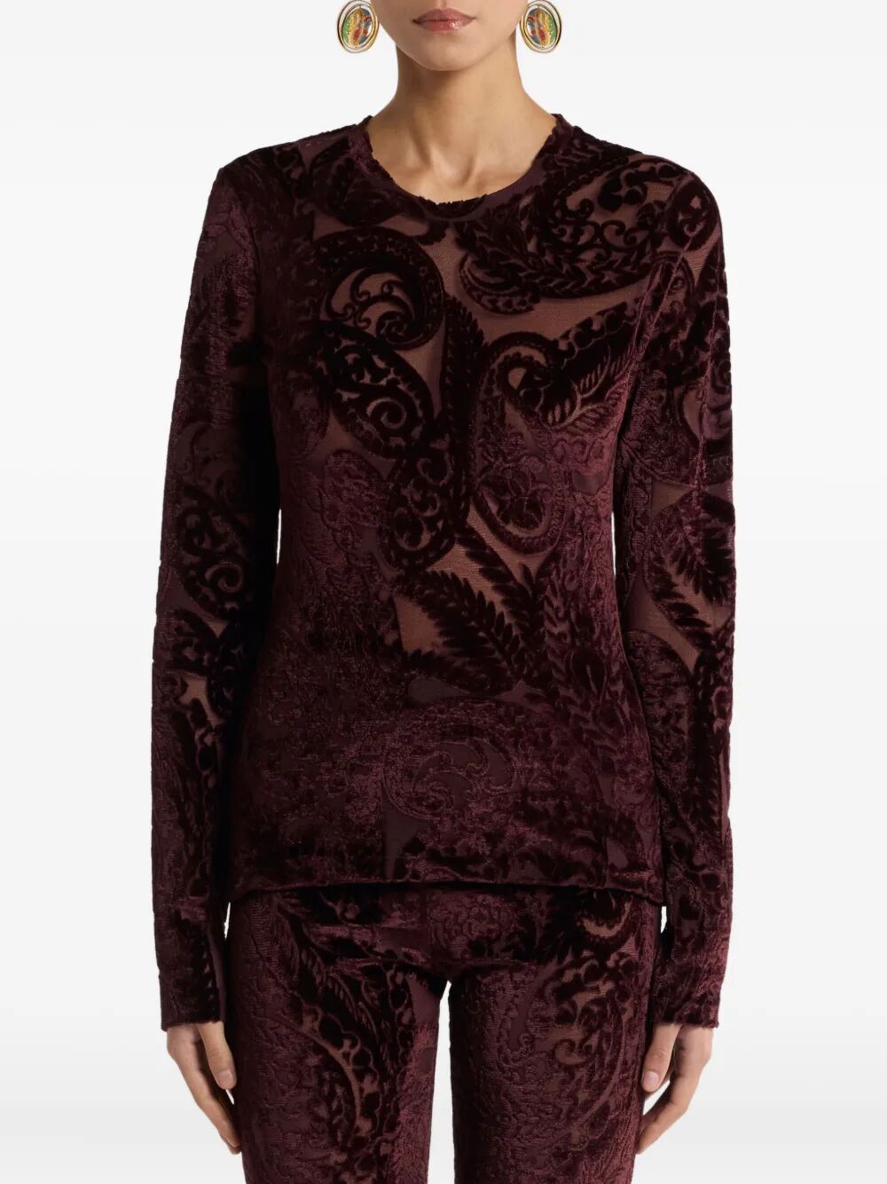 PAISLEY-JACQUARD LONG-SLEEVED VELVET TOP