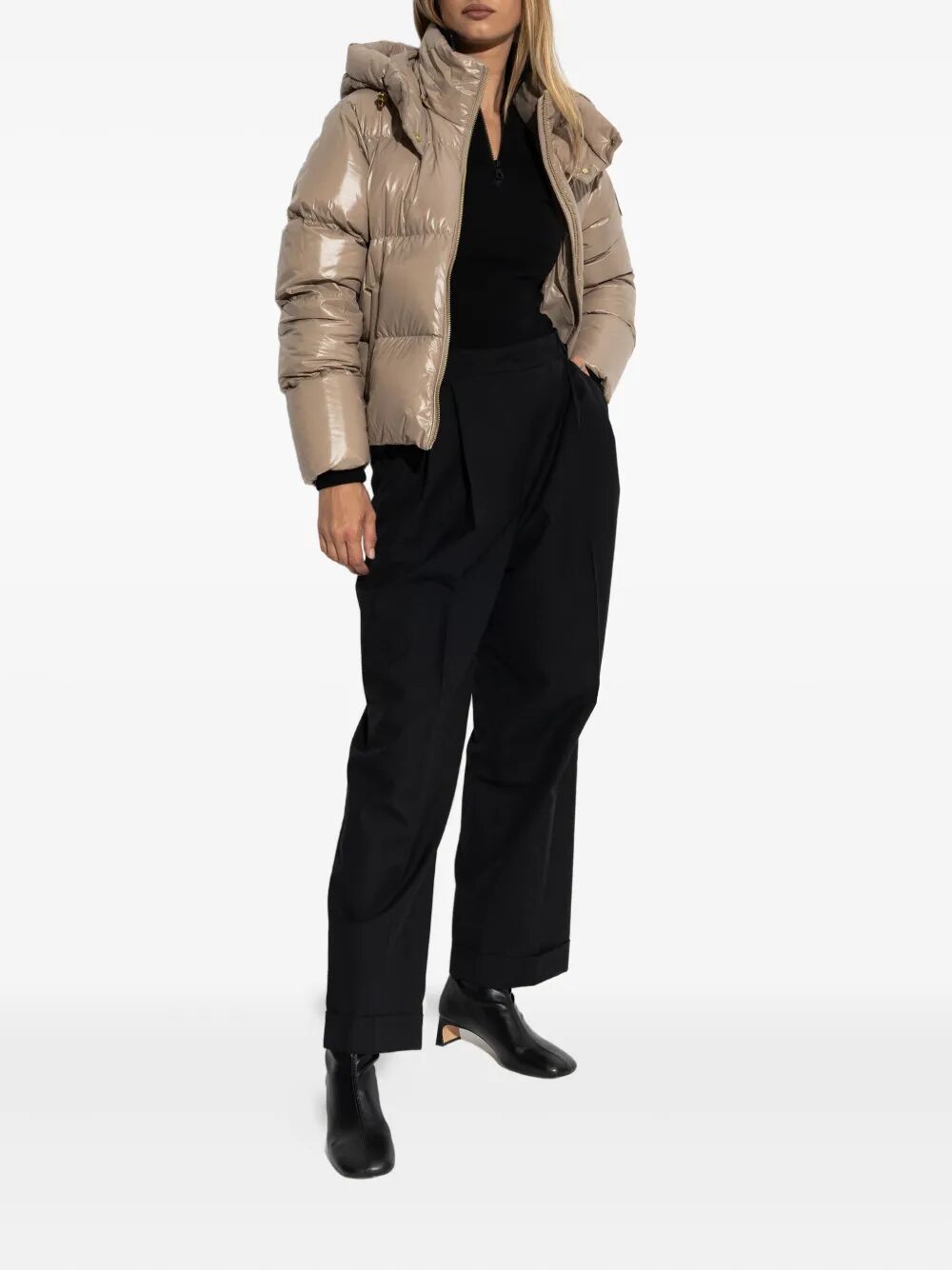 DETACHABLE HOOD SHINY SHELL DOWN JACKET