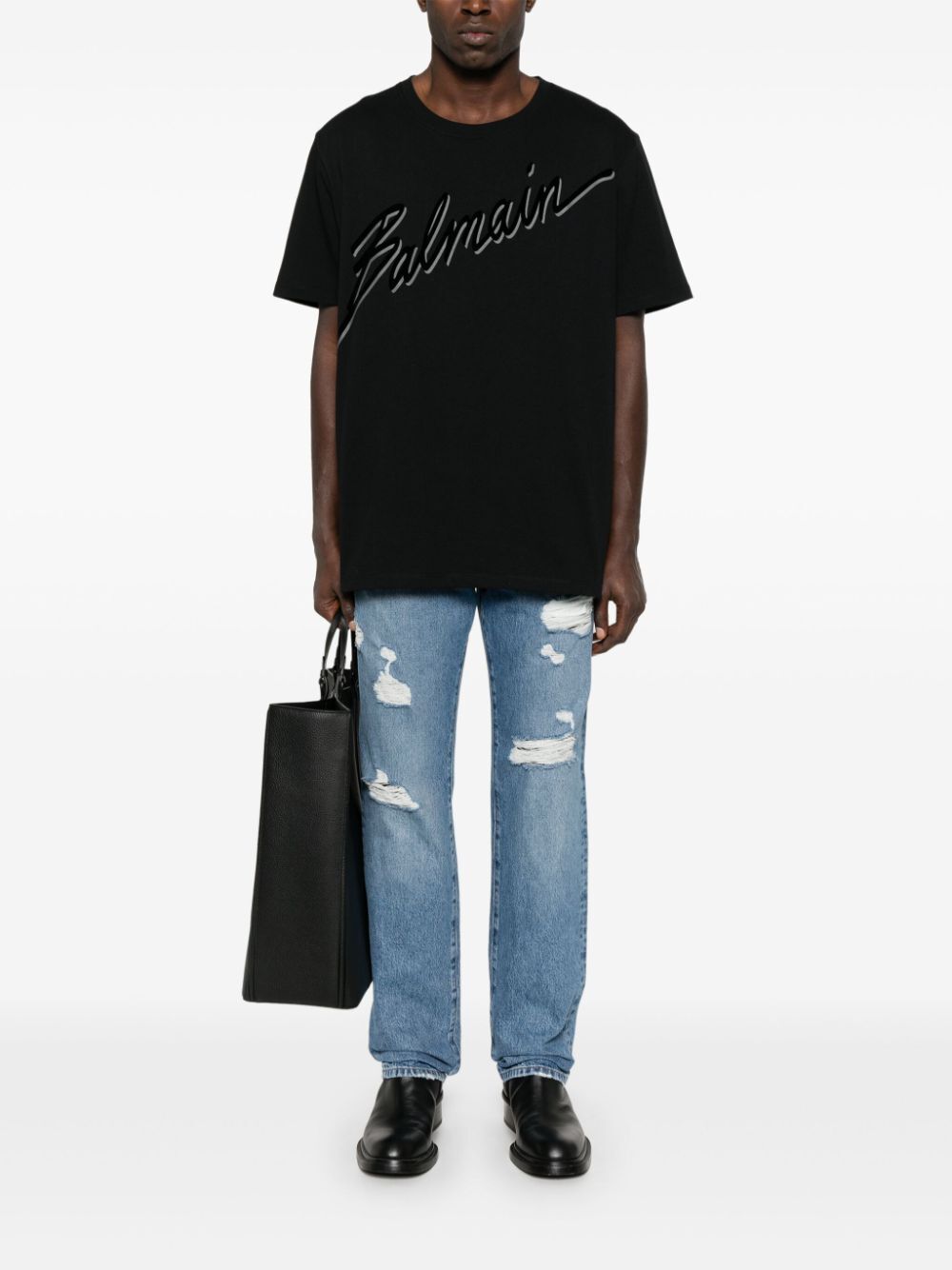 CLASSIC FIVE-POCKET COTTON JEANS WITH ABRASIONS