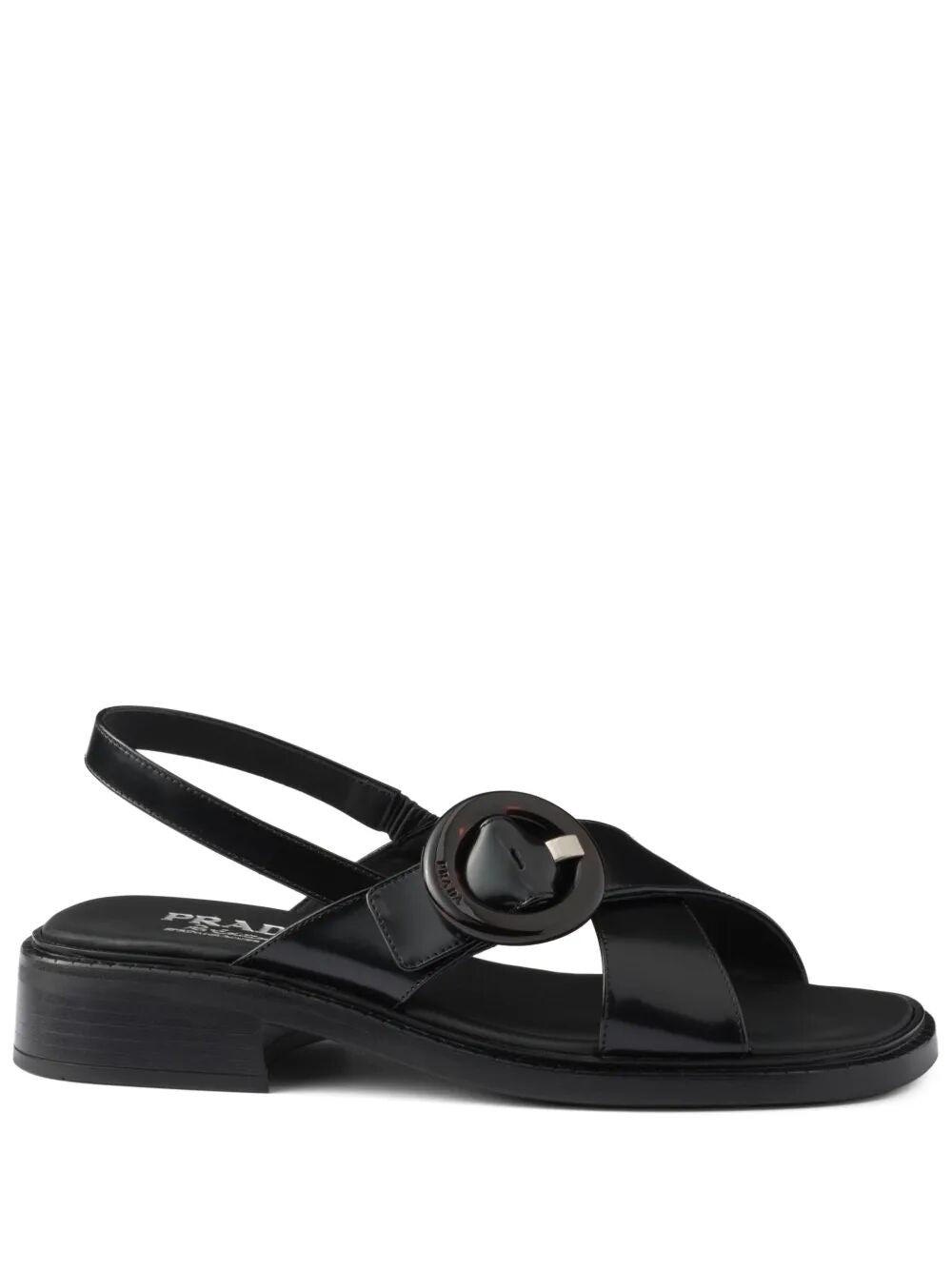 BRUSHED LEATHER CRISSCROSS BAND SANDALS WITH PLEXIGLAS BUCKLE