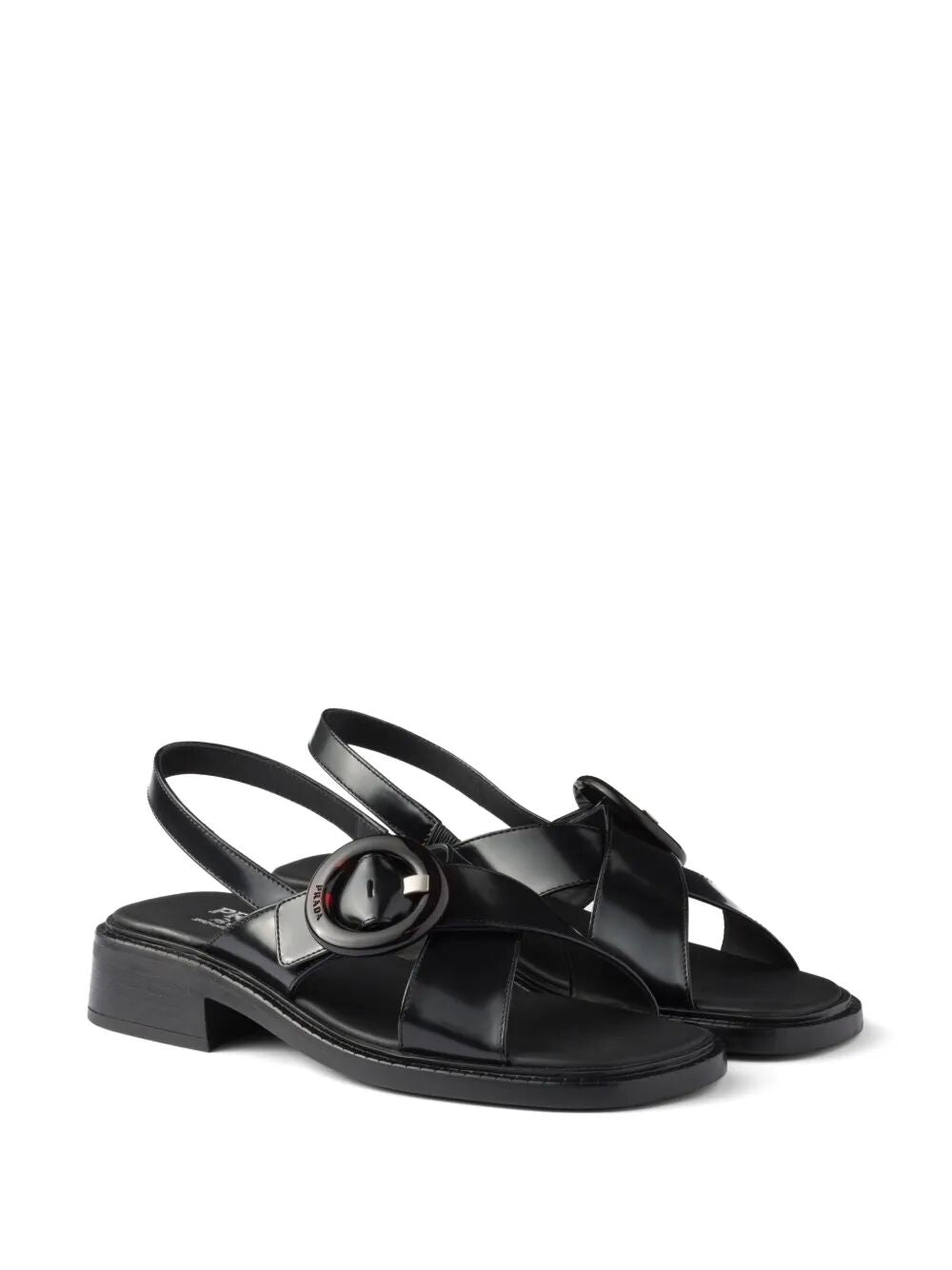 BRUSHED LEATHER CRISSCROSS BAND SANDALS WITH PLEXIGLAS BUCKLE