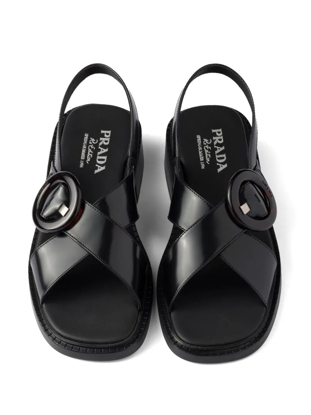 BRUSHED LEATHER CRISSCROSS BAND SANDALS WITH PLEXIGLAS BUCKLE