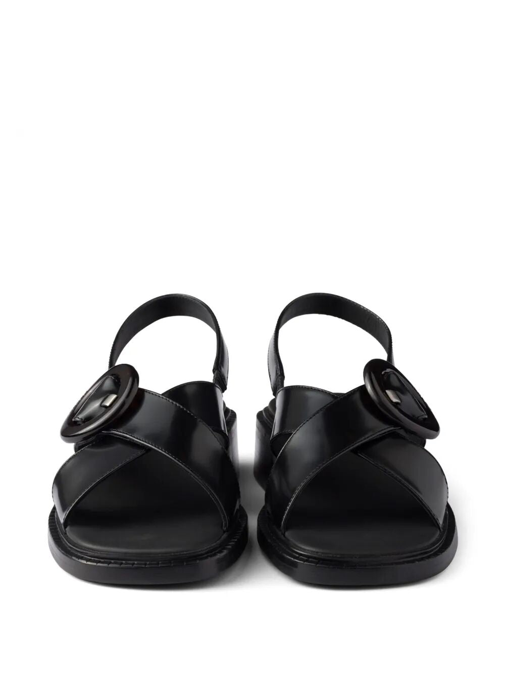 BRUSHED LEATHER CRISSCROSS BAND SANDALS WITH PLEXIGLAS BUCKLE