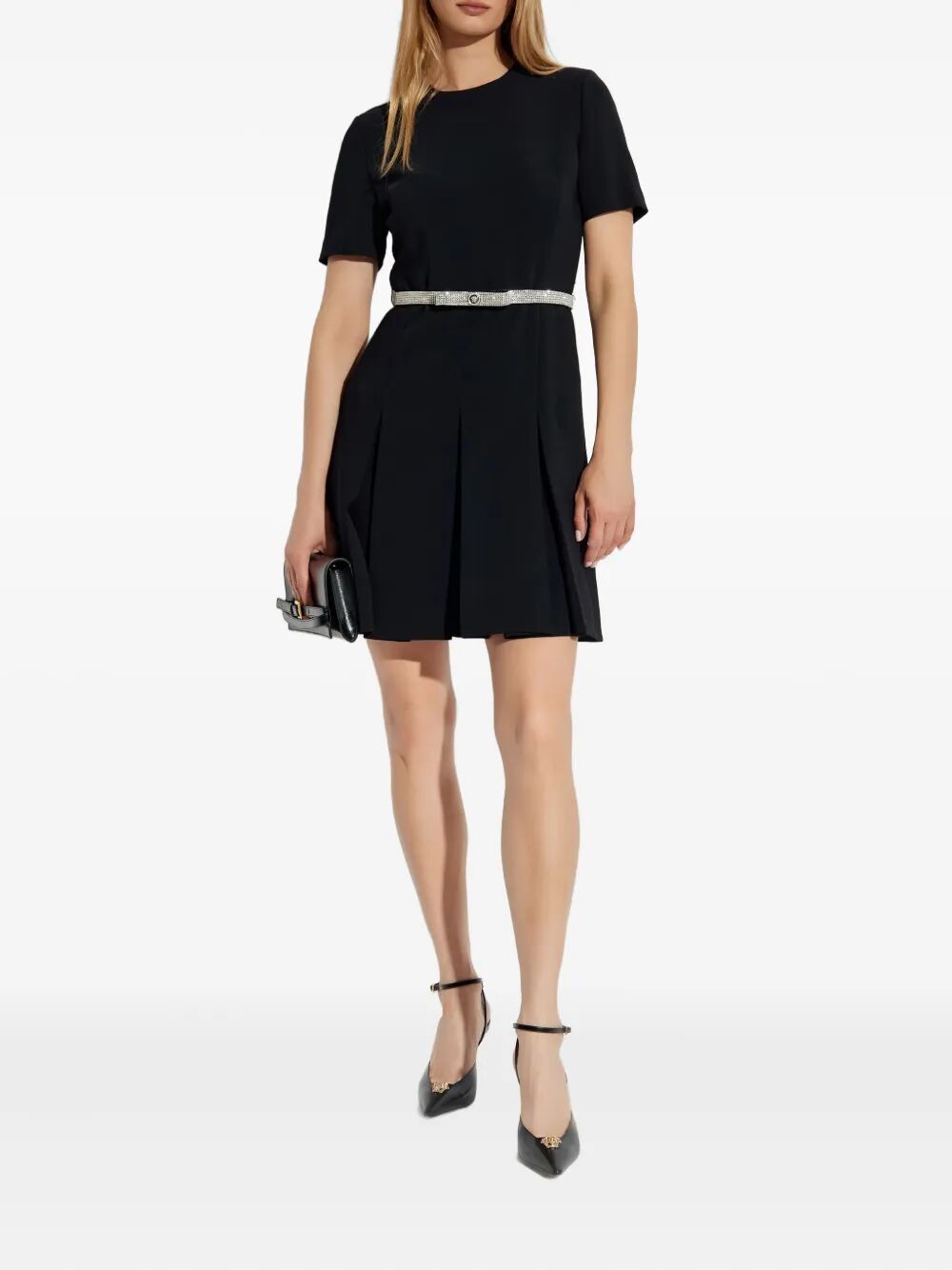 CRYSTAL-EMBELLISHED BELT COCKTAIL DRESS