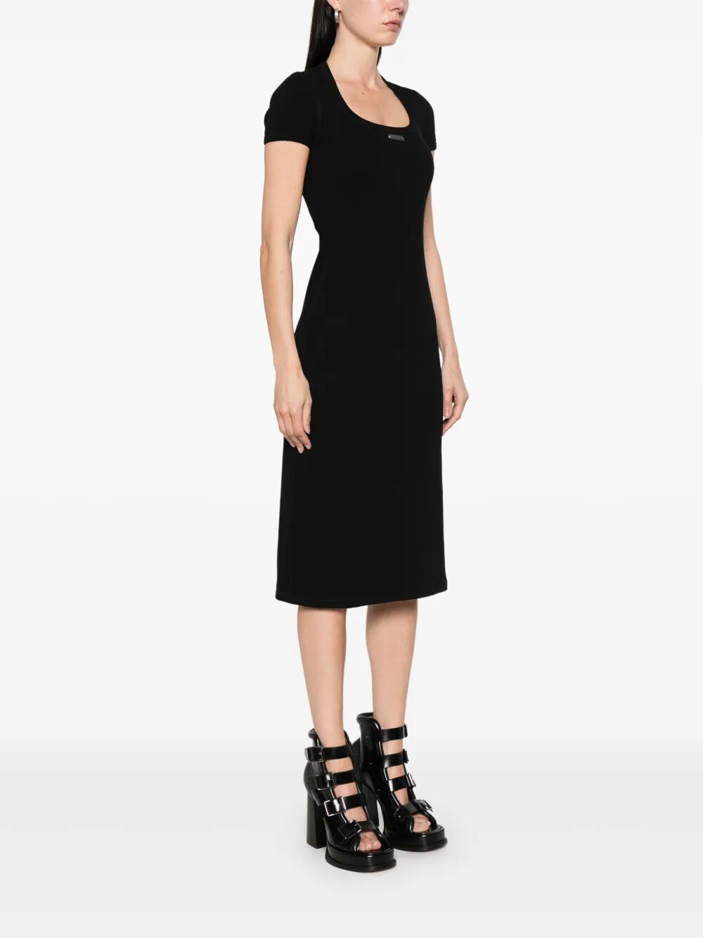 LOGO-PLAQUE RIBBED STRETCH MIDI DRESS