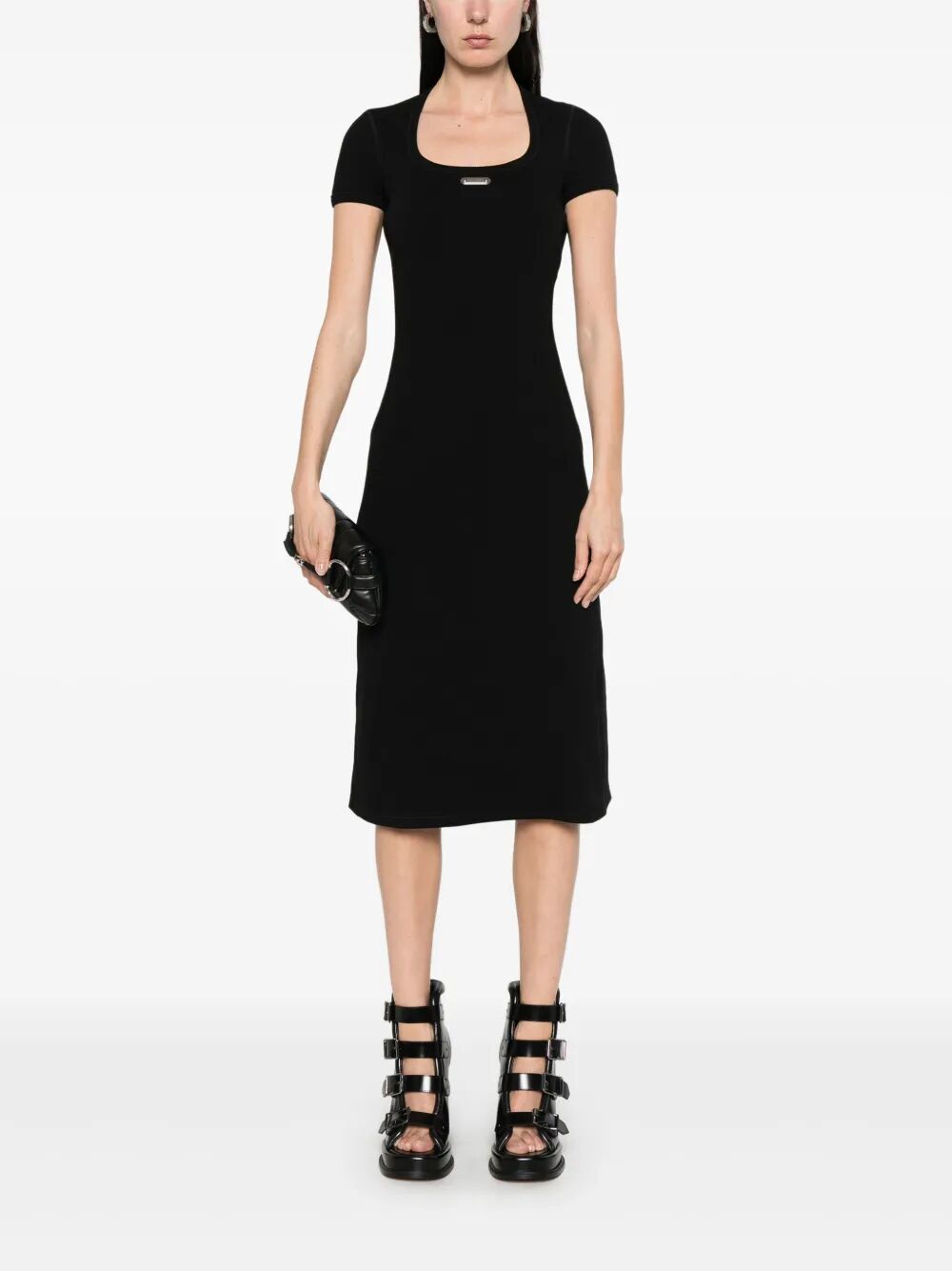 LOGO-PLAQUE RIBBED STRETCH MIDI DRESS
