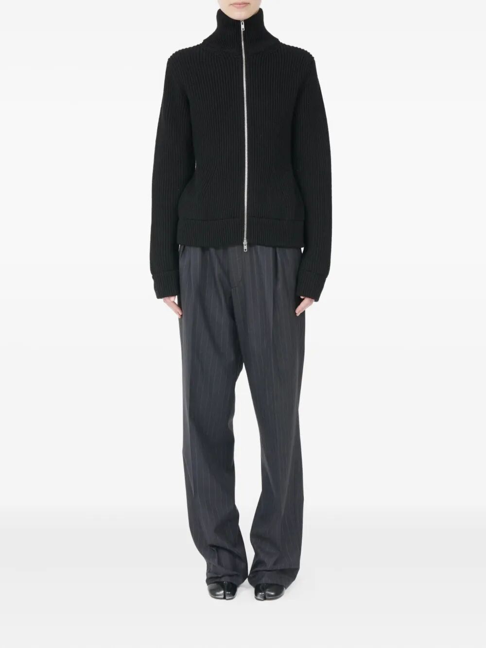 FULL-ZIP WOOL RIBBED CARDIGAN