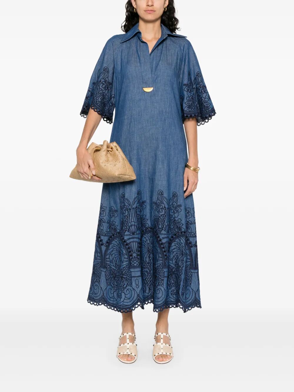 COCO EMBROIDERED DENIM LONG DRESS