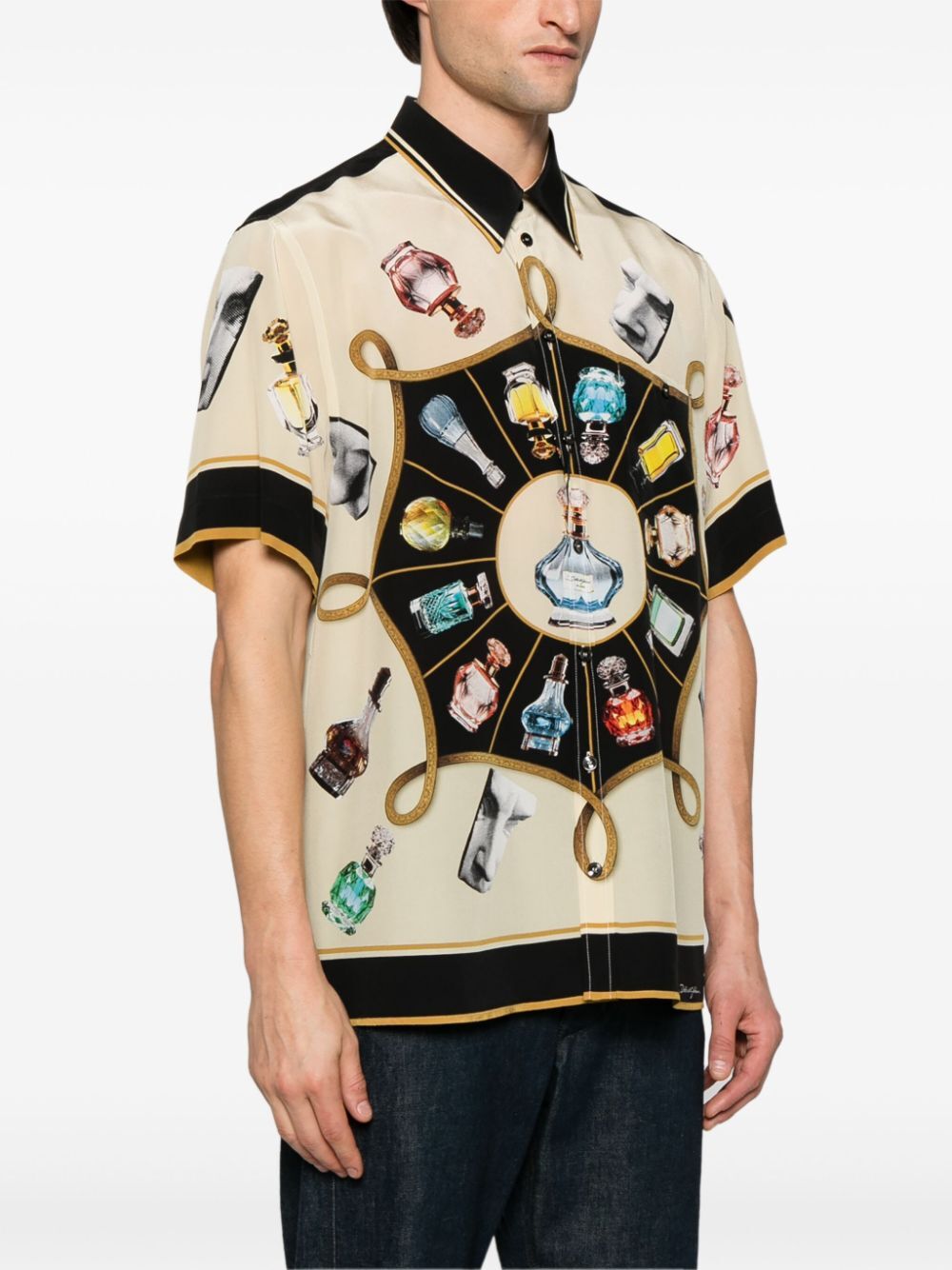 PERFUME-PRINT SHORT SLEEVED SILK SHIRT