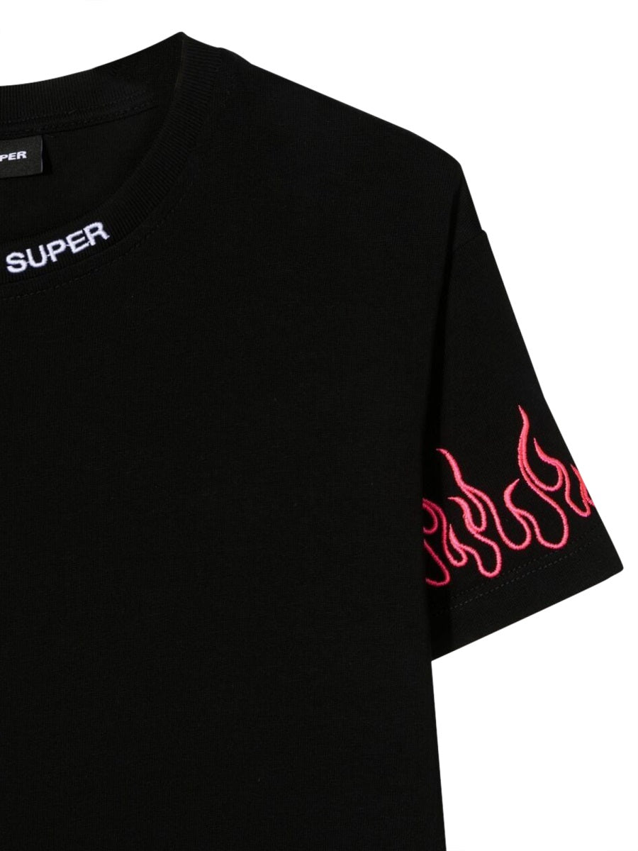 BLACK EMBROIDERED TSHIRT FUCHSIA FLAME