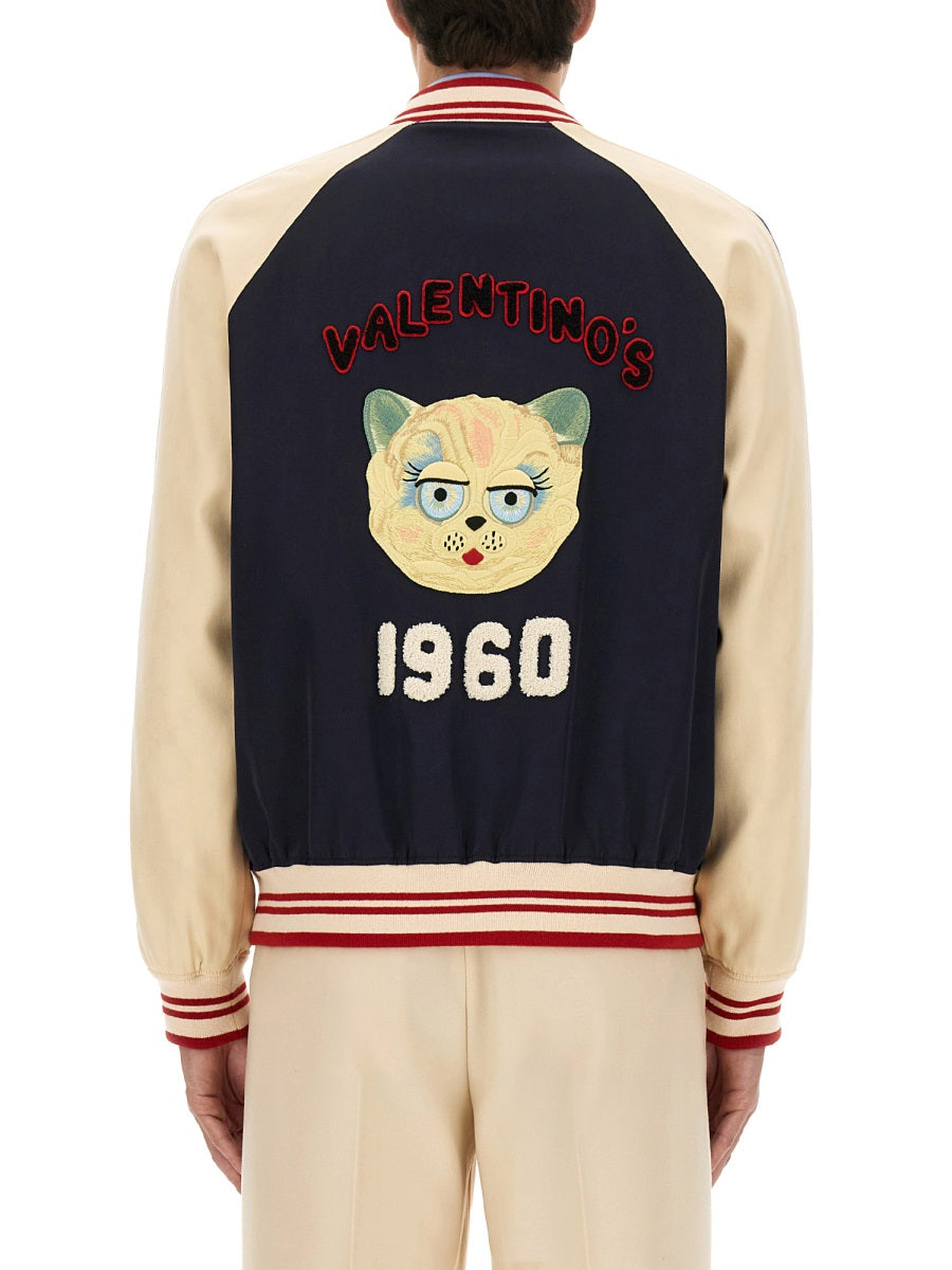 WOOL AND COTTON BOMBER JACKET WITH VLOGO AND CHAT DE LA MAISON PATCH