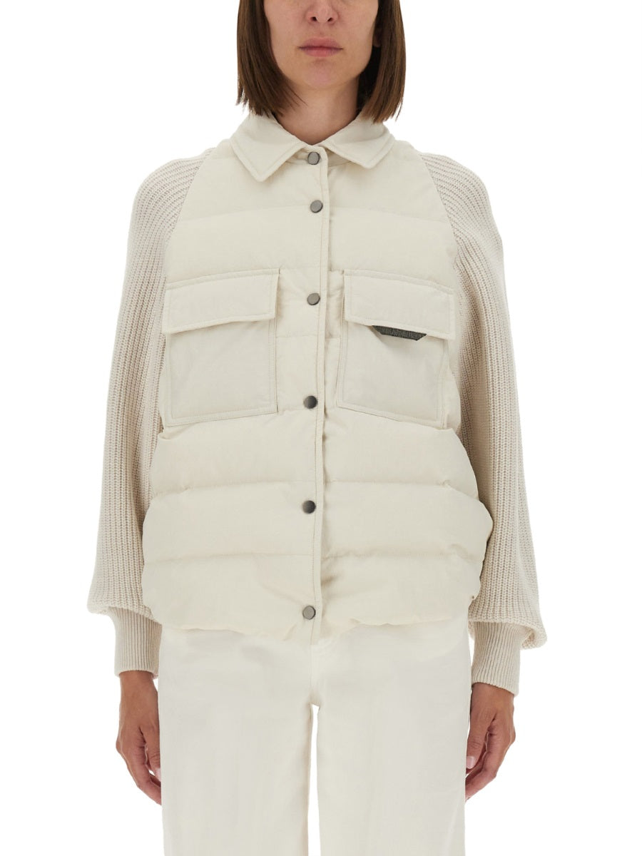 DOWN JACKET WITH SHINY FLAP DETAIL