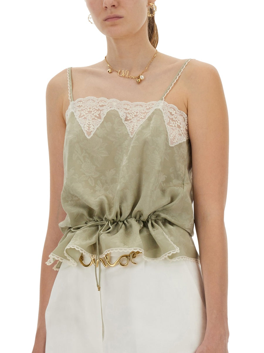 SILK JACQUARD AND LACE DRAWSTRING TANK TOP