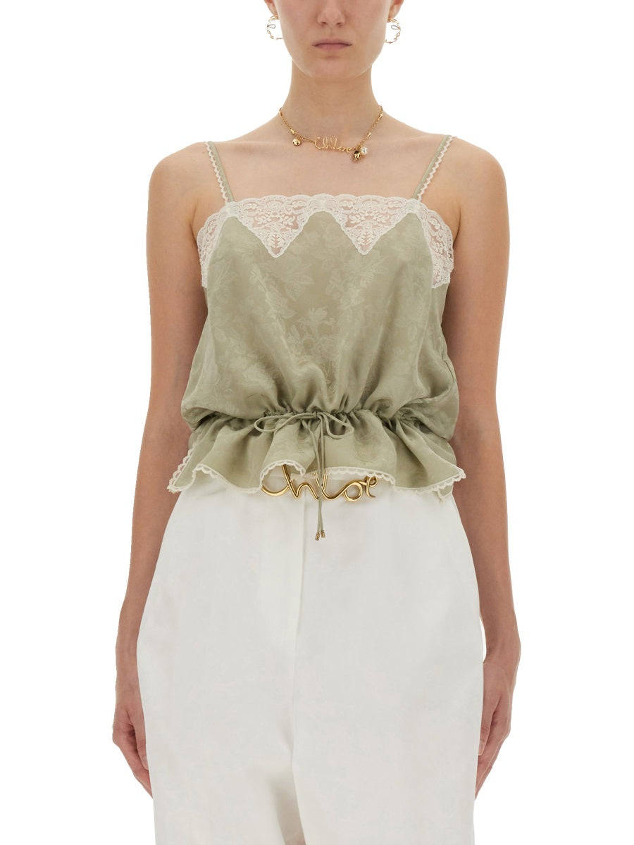 SILK JACQUARD AND LACE DRAWSTRING TANK TOP
