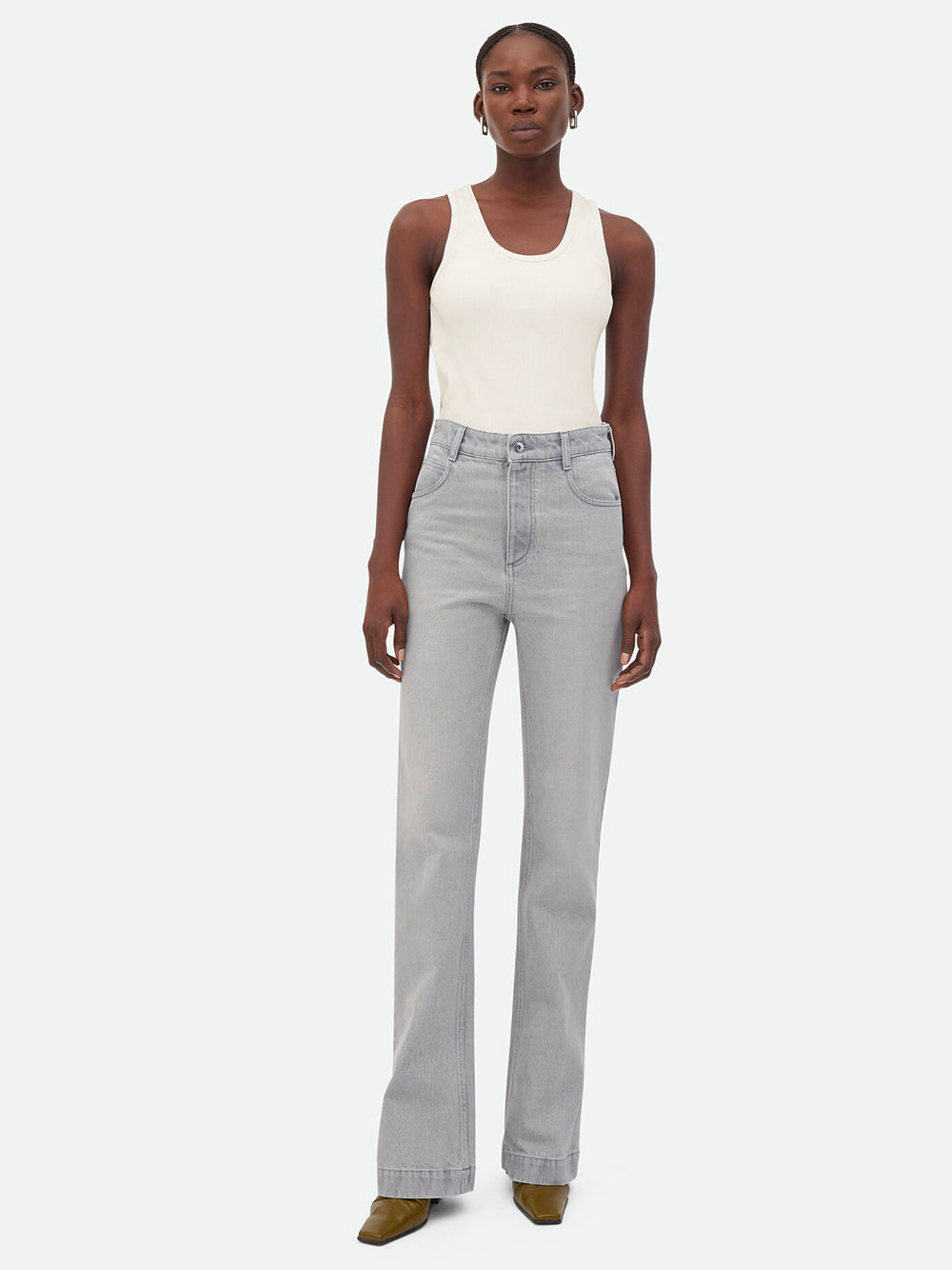 LIGHT GREY WASHED DENIM FLARED JEANS
