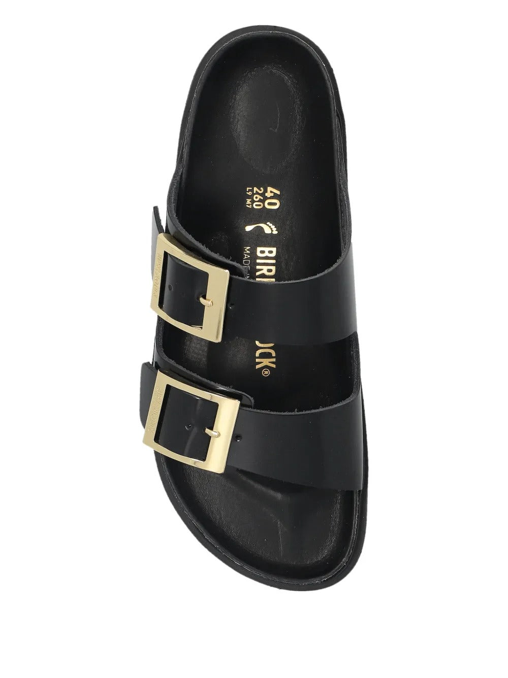 ARIZONA DROPLET BUCKLE SHINY LEATHER SANDALS