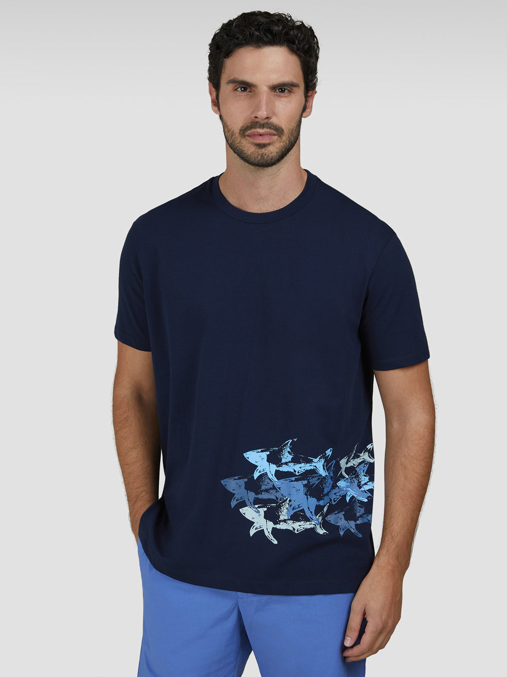 COTTON JERSEY T-SHIRT WITH DISTRESSED SHARKS PRINT