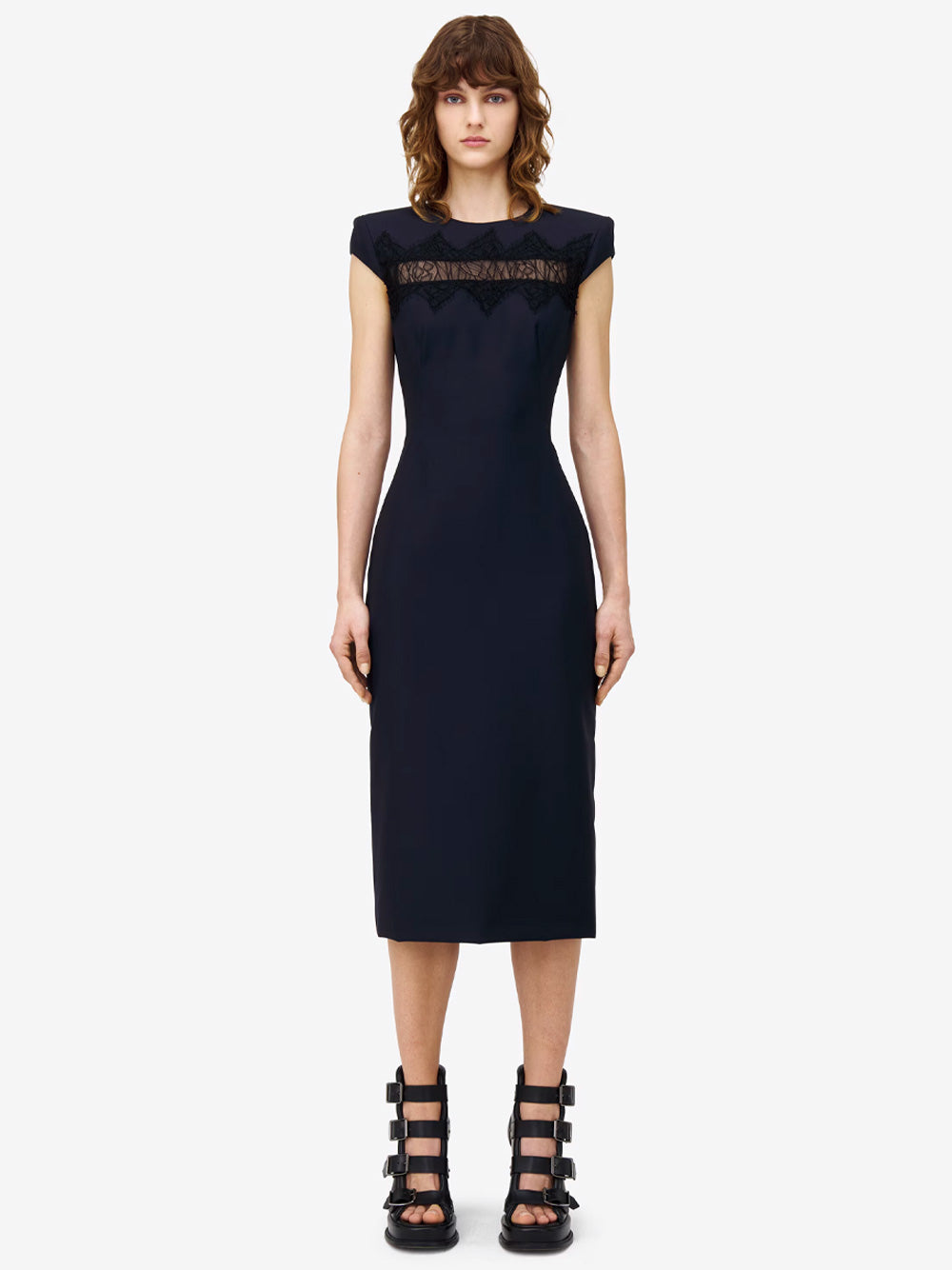 WOOL TAILORED PENCIL DRESS WITH LACE DETAILS