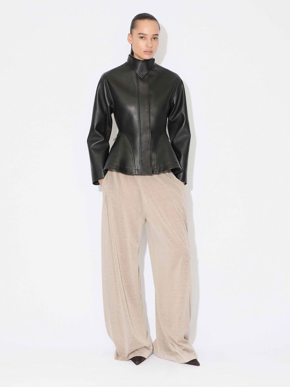 PEPLUM JACKET IN WASHED LAMBSKIN LEATHER