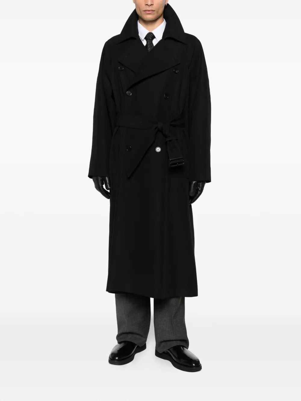 DOUBLE-BREASTED LONG COAT IN GRAIN DE POUDRE