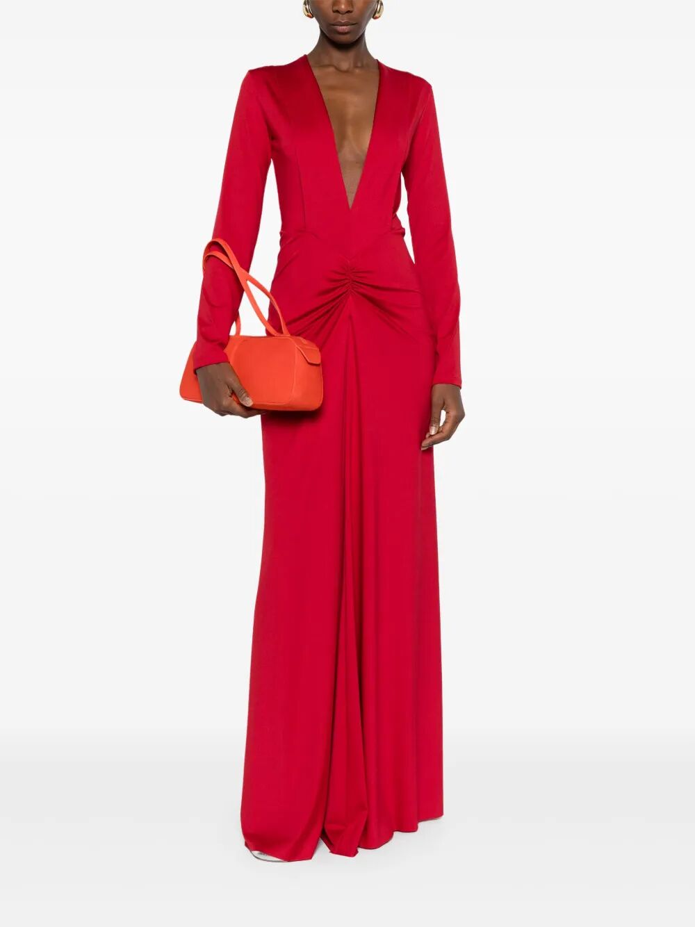 V-NECK LONG DRESS WITH GATHERED DETAIL