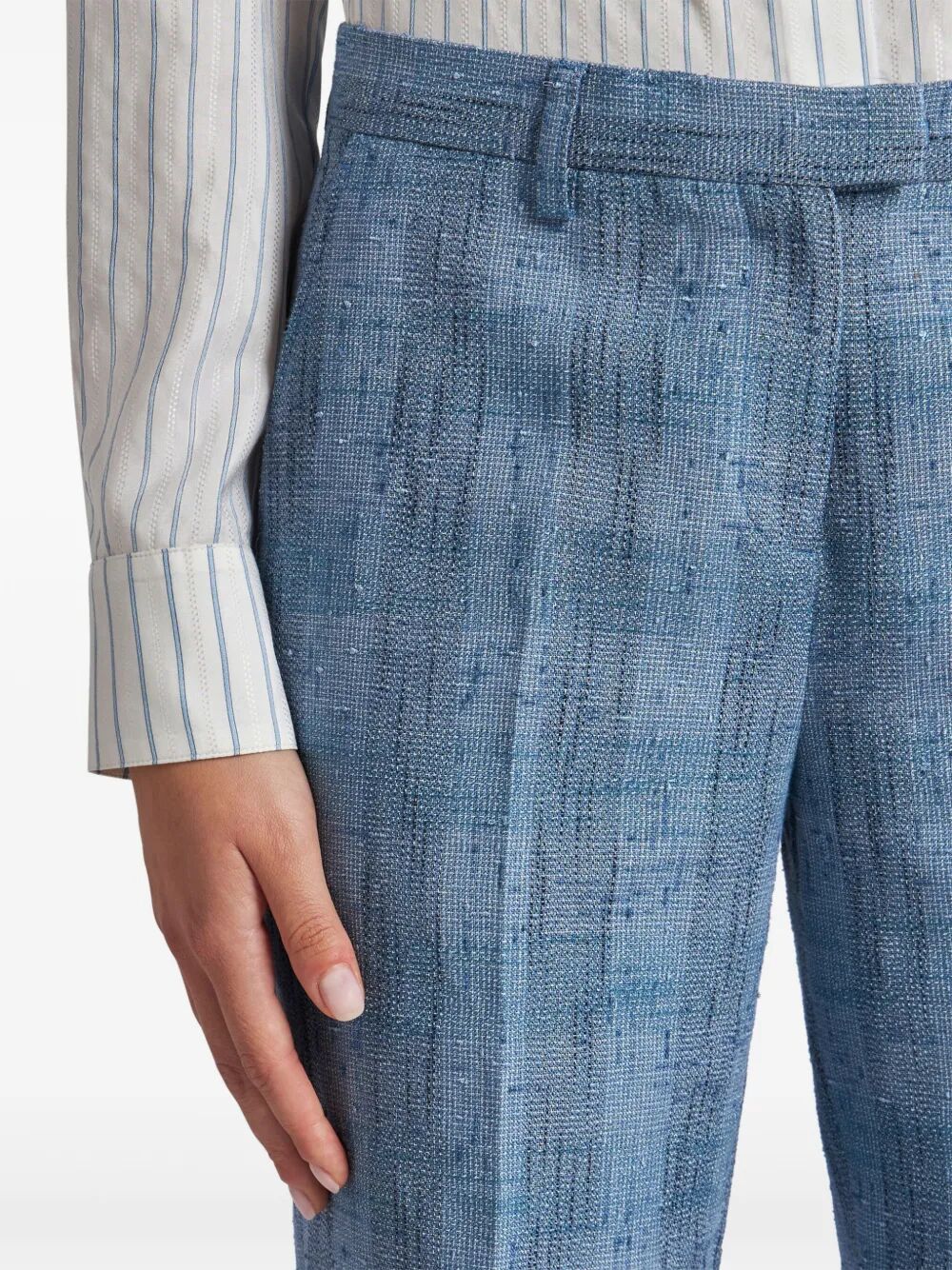 SLUBBED CHECK MOTIF LINEN-BLEND TROUSERS