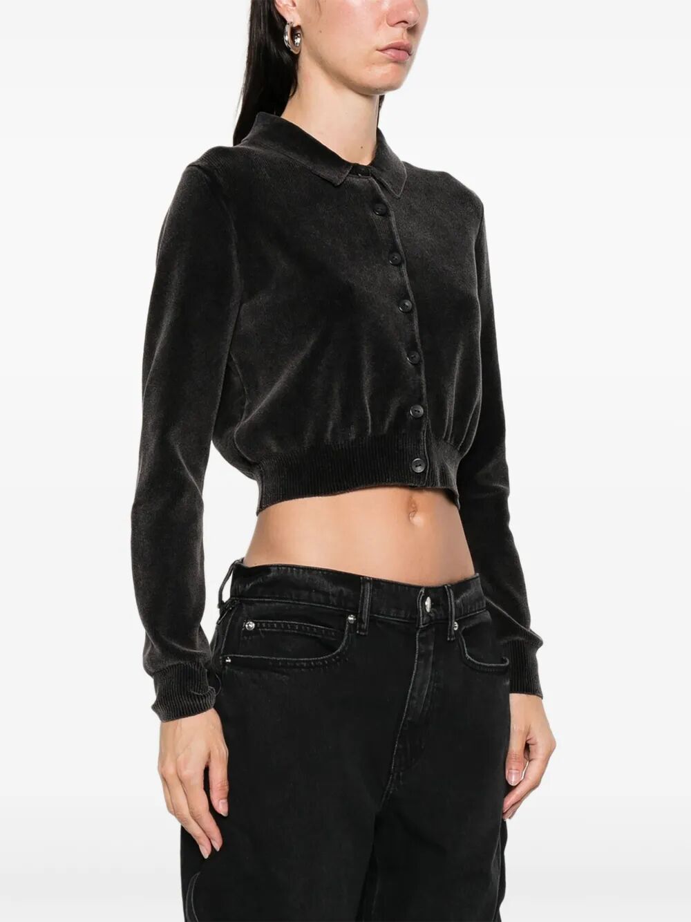 COTTON-BLEND CHENILLE CROPPED POLO CARDIGAN