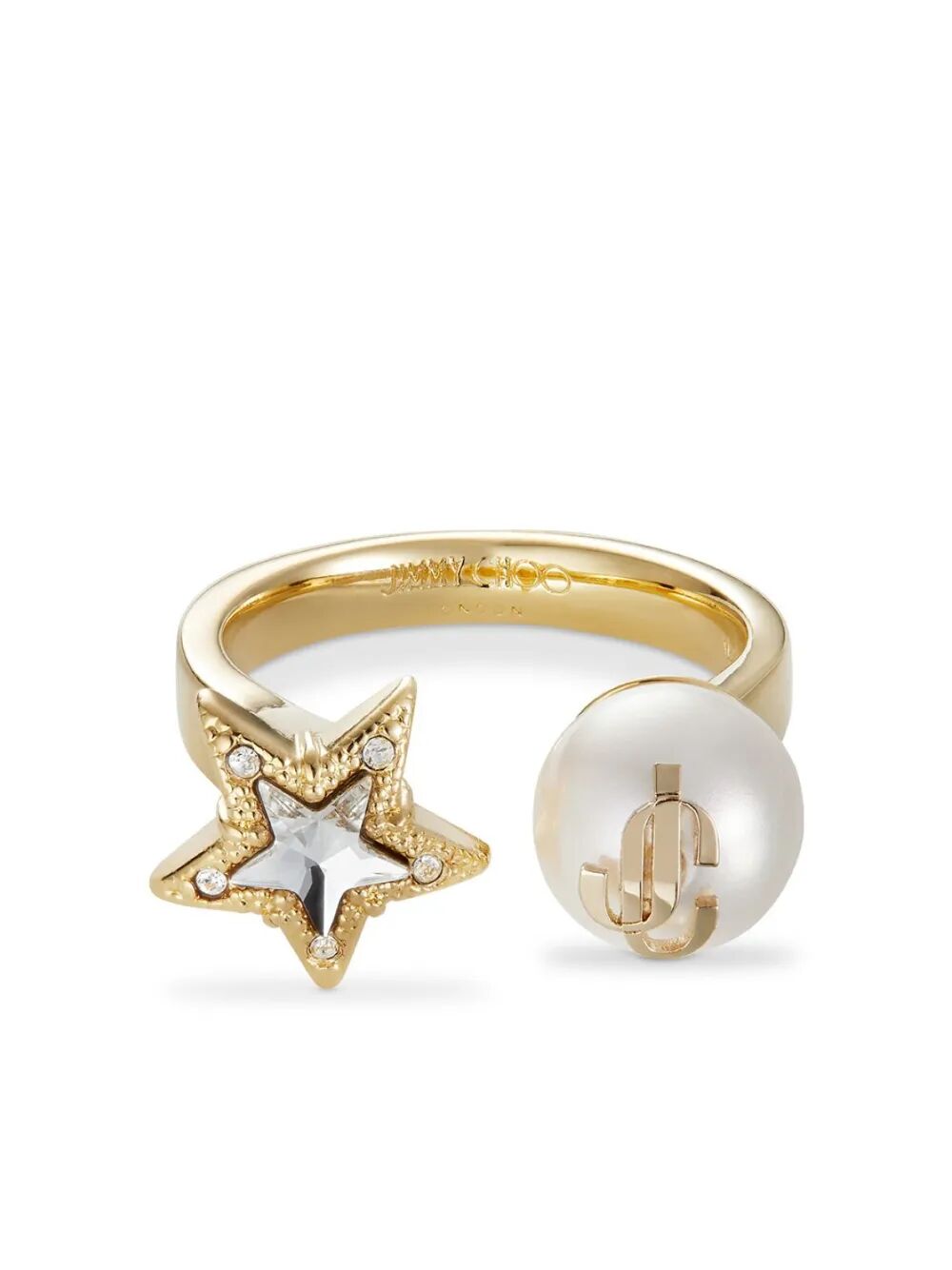 GOLD-FINISH METAL RING WITH CRYSTAL STAR AND PEARL