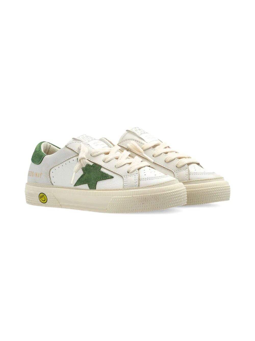 MAY LEATHER SNEAKERS WITH BEIGE SUEDE INSERTS AND GREEN SUEDE STAR AND HEEL TAB