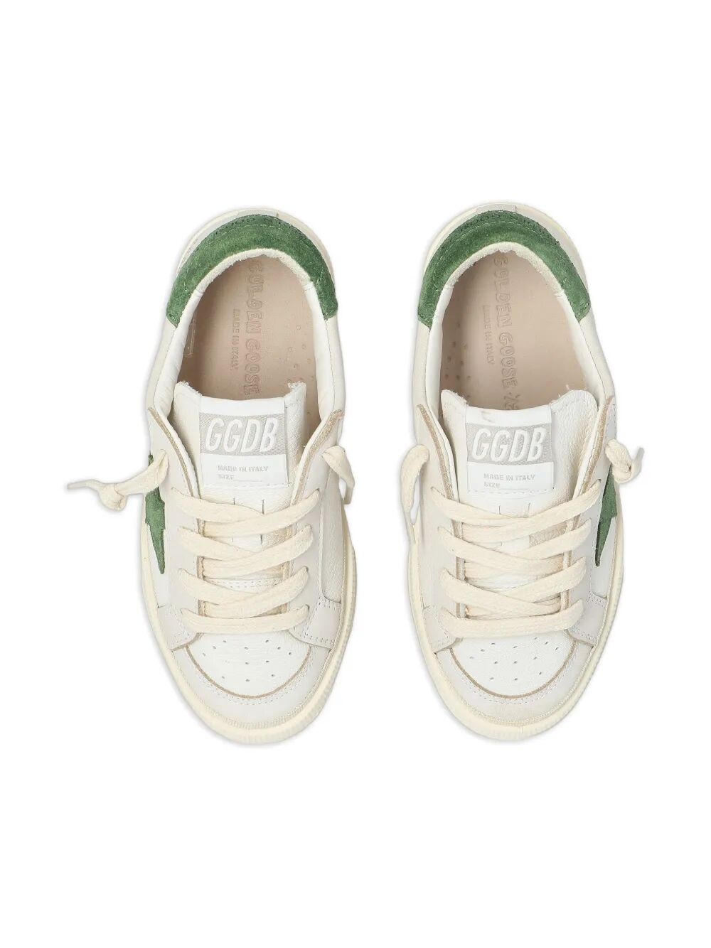 MAY LEATHER SNEAKERS WITH BEIGE SUEDE INSERTS AND GREEN SUEDE STAR AND HEEL TAB