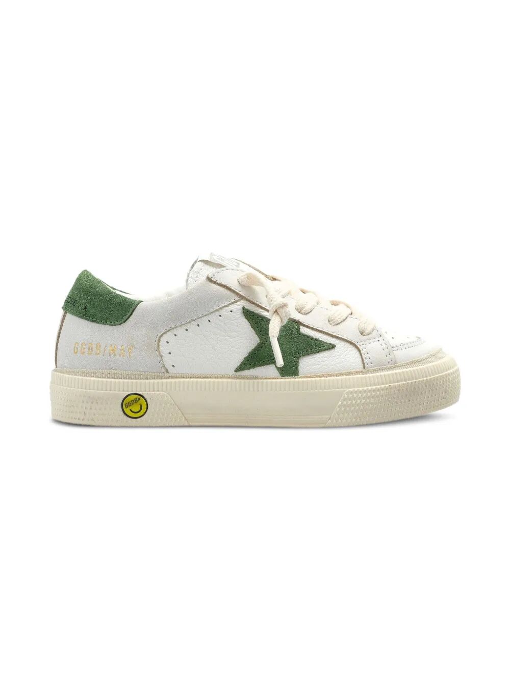 MAY LEATHER SNEAKERS WITH BEIGE SUEDE INSERTS AND GREEN SUEDE STAR AND HEEL TAB