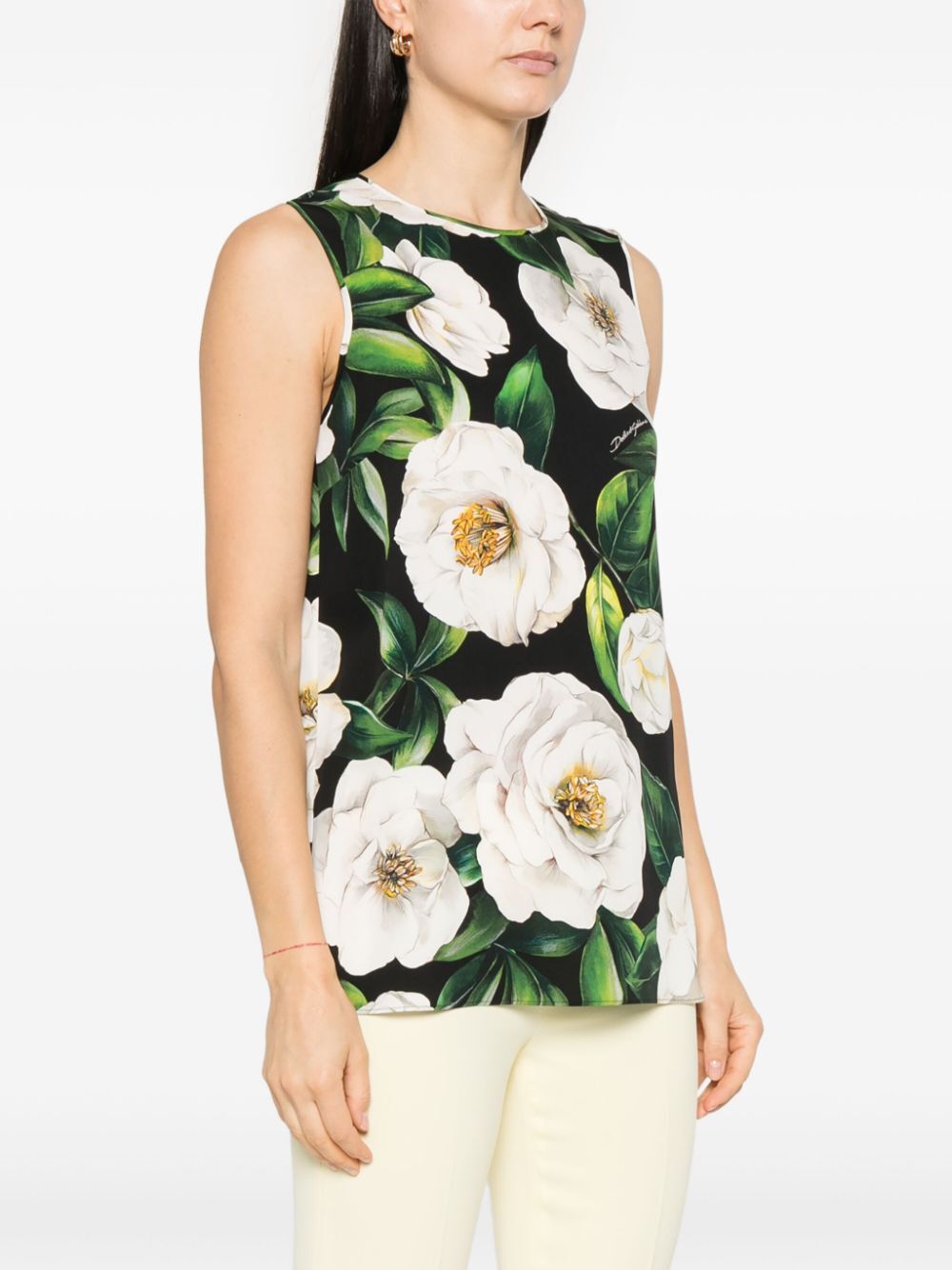 GARDENIA PRINT SLEEVELESS CHARMEUSE TOP