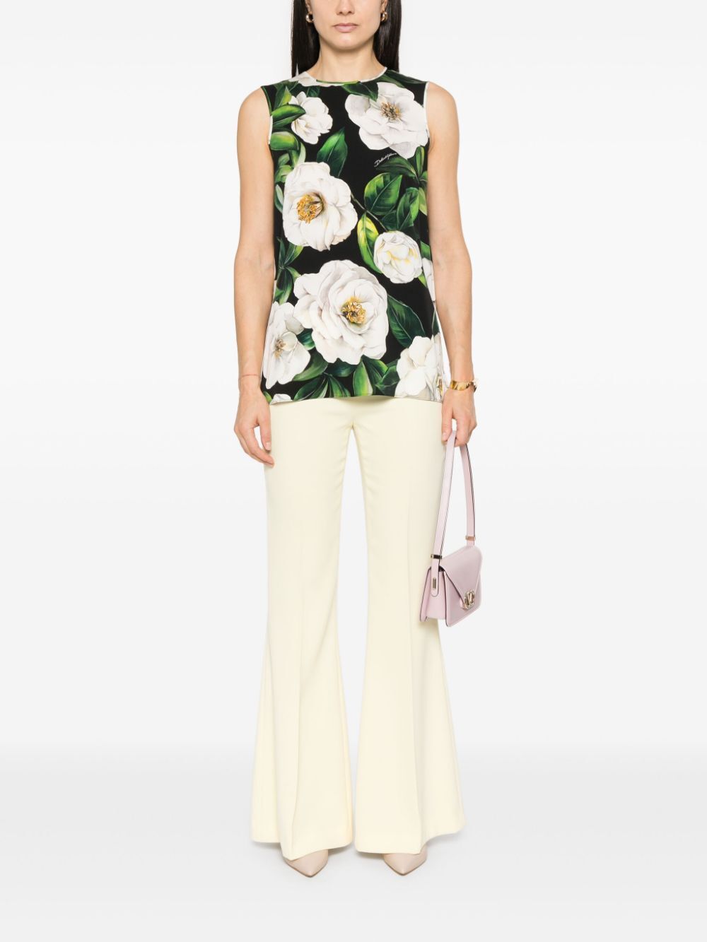 GARDENIA PRINT SLEEVELESS CHARMEUSE TOP