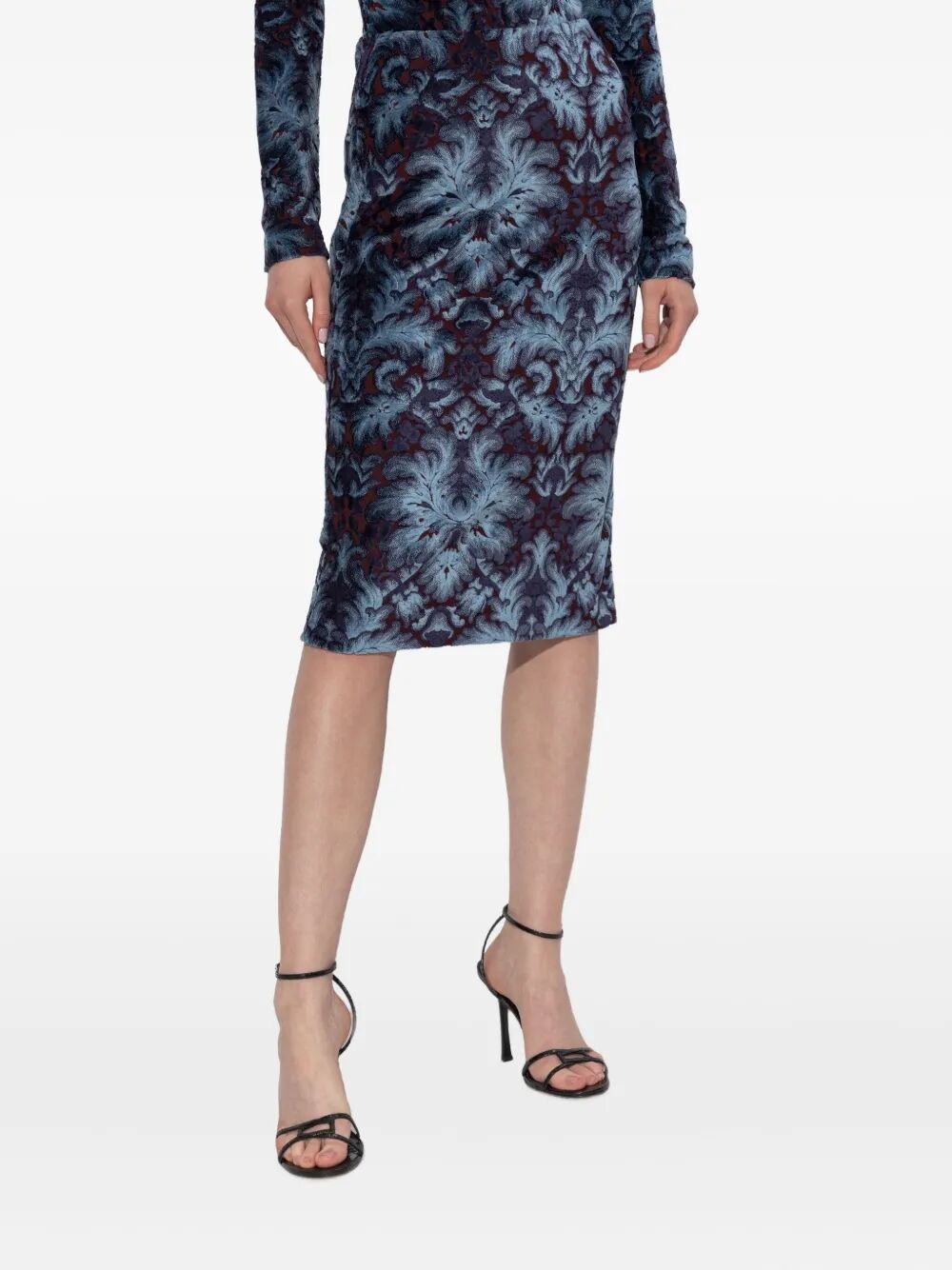 DAMASK-PATTERN VELVET MIDI SKIRT