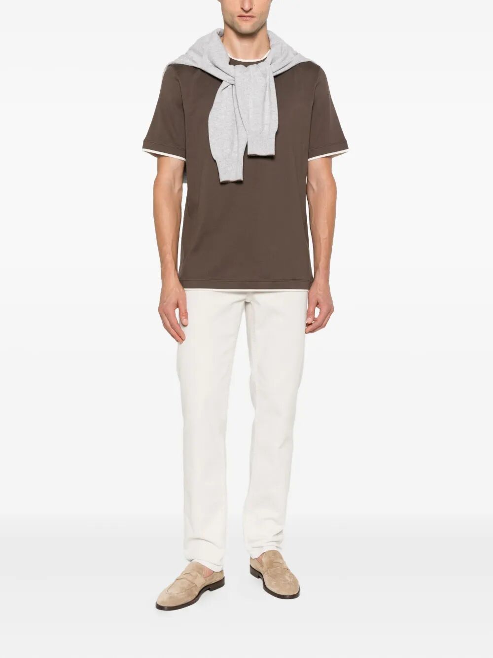 COTTON JERSEY CREW NECK T-SHIRT WITH FAUX-LAYERING