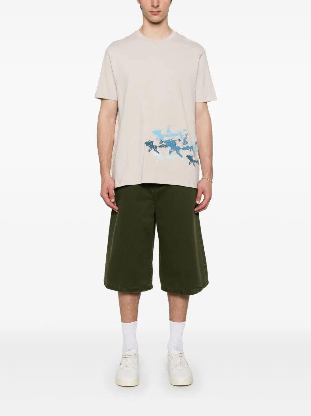 COTTON JERSEY T-SHIRT WITH DISTRESSED SHARKS PRINT