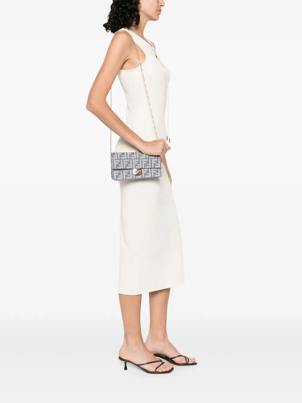 DENIM-EFFECT FF JACQUARD BAGUETTE WALLET ON CHAIN