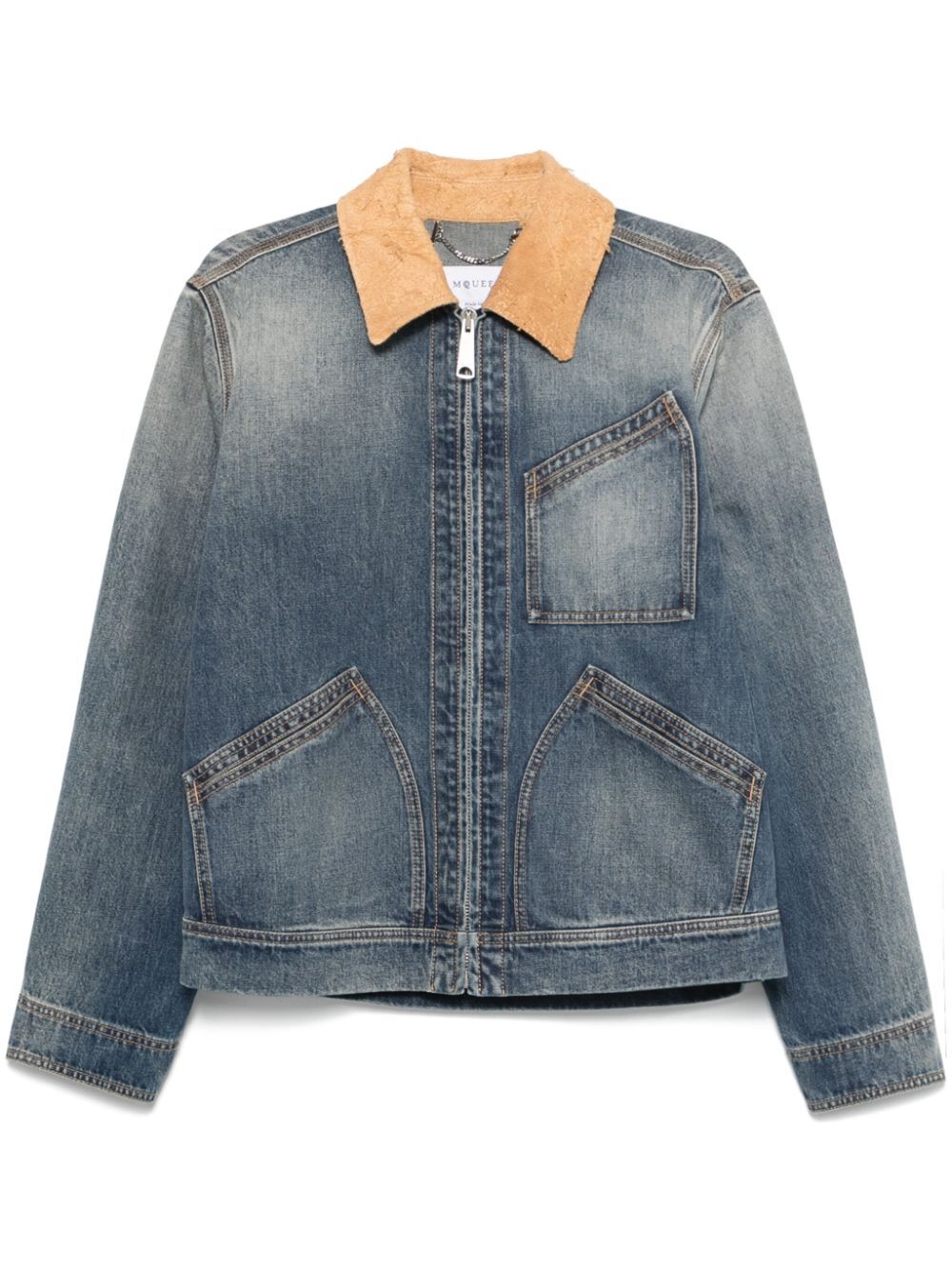 SUEDE COLLAR ZIP-UP DENIM JACKET