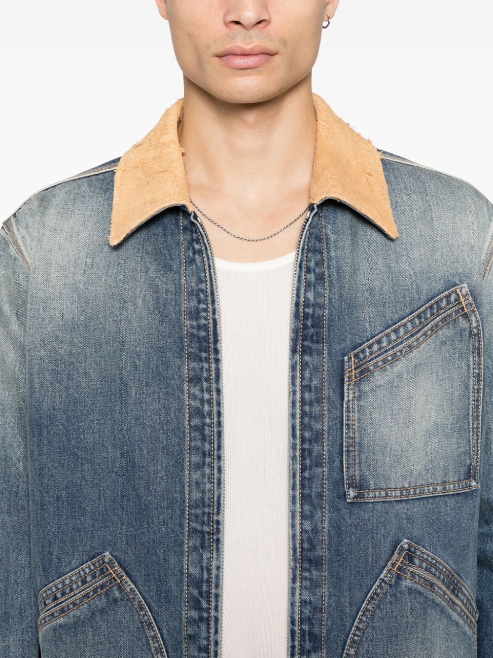 SUEDE COLLAR ZIP-UP DENIM JACKET