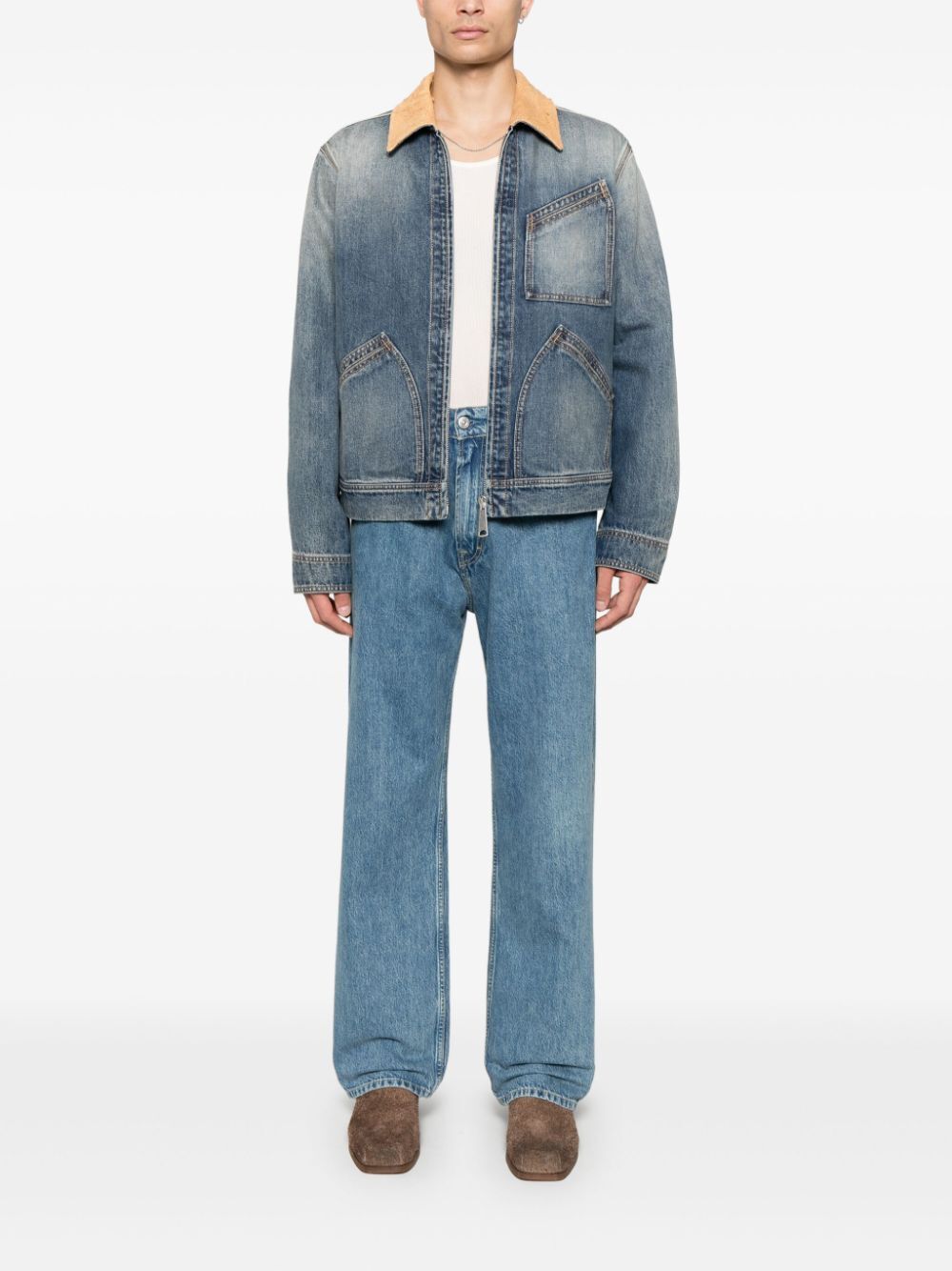 SUEDE COLLAR ZIP-UP DENIM JACKET