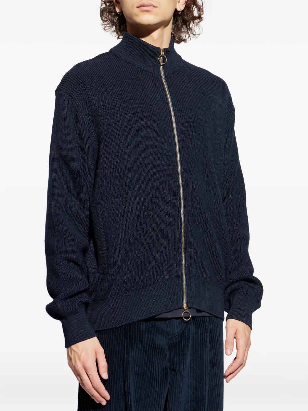 RIBBED ZIP-UP HIGH-NECK CARDIGAN