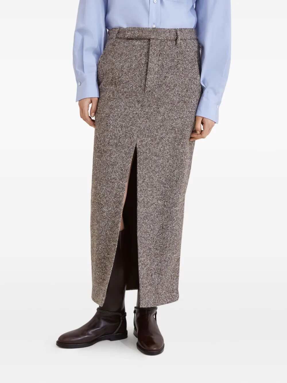 WOOL AND SILK MÉLANGE DIAGONAL SARTORIAL PENCIL SKIRT WITH MONILI