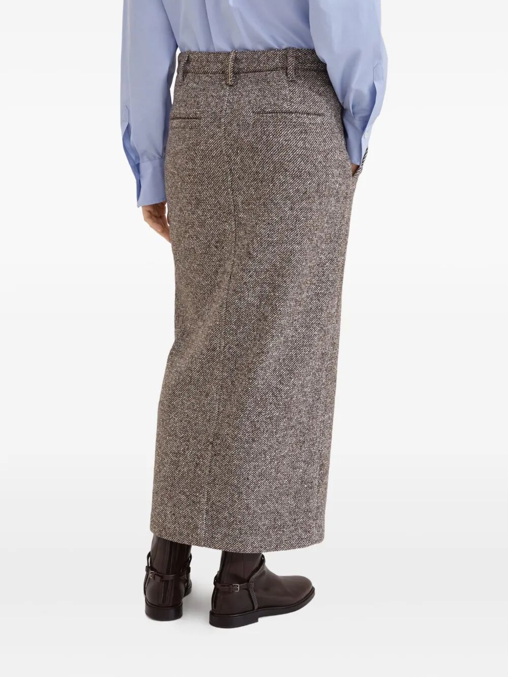 WOOL AND SILK MÉLANGE DIAGONAL SARTORIAL PENCIL SKIRT WITH MONILI