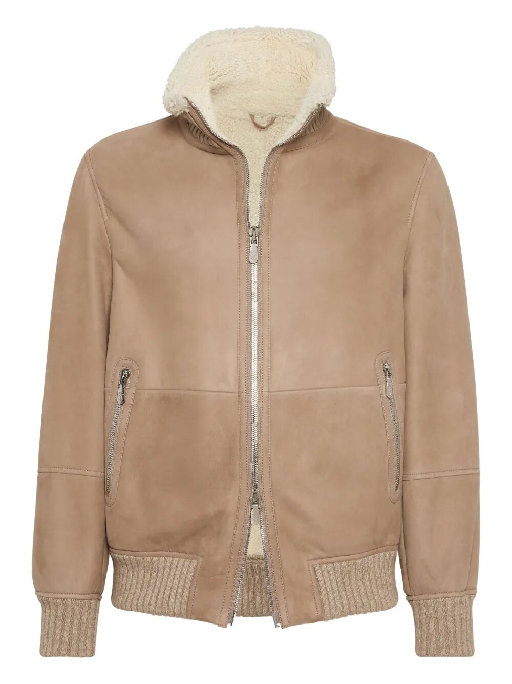 SUEDE CURLY SHEARLING BOMBER JACKET WITH CASHMERE KNIT COLLAR