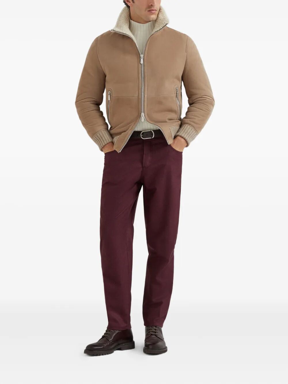 SUEDE CURLY SHEARLING BOMBER JACKET WITH CASHMERE KNIT COLLAR