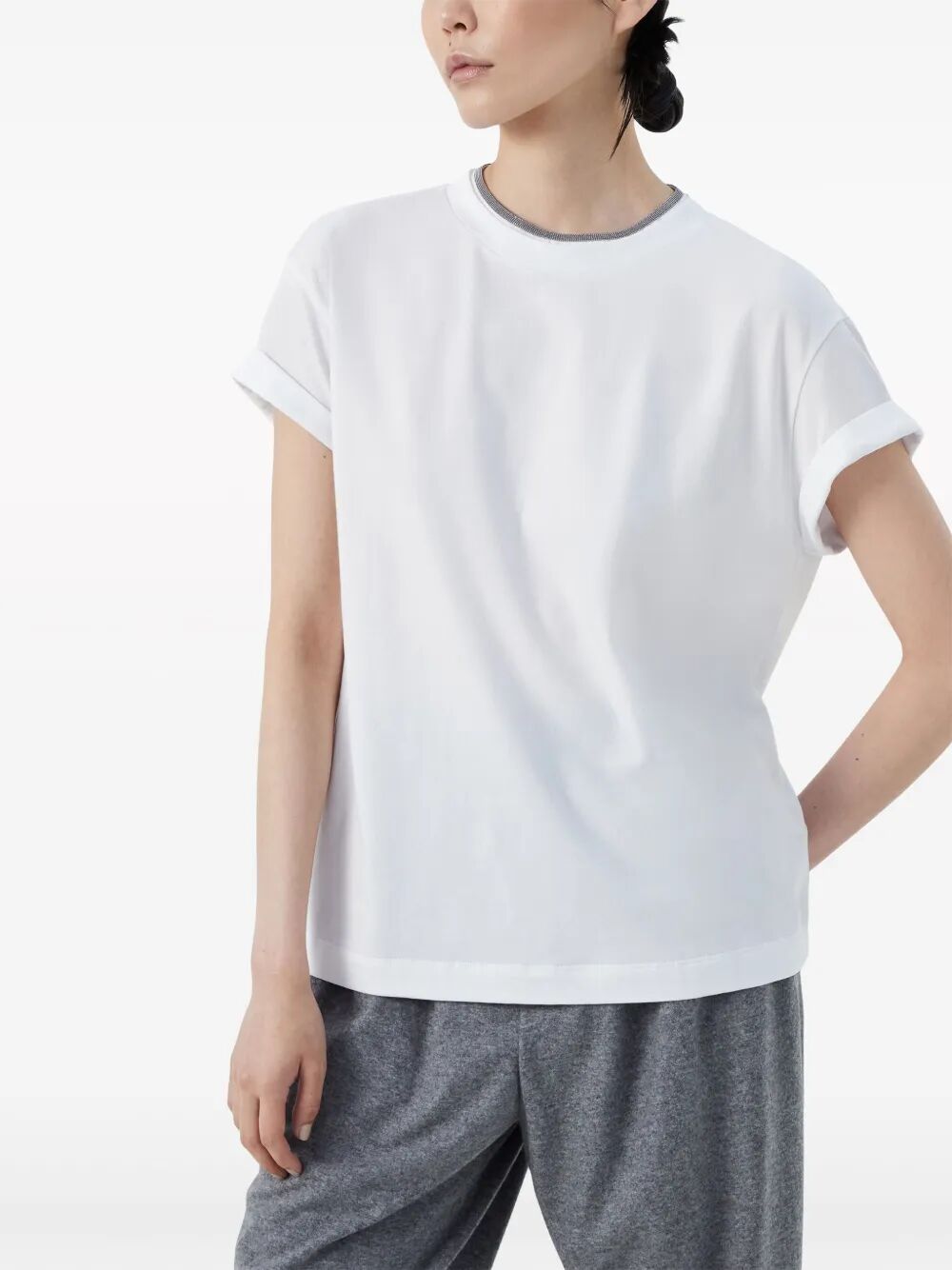 FLAT COTTON STRETCH SHORTSLV TEE W/ MONILI COLLAR