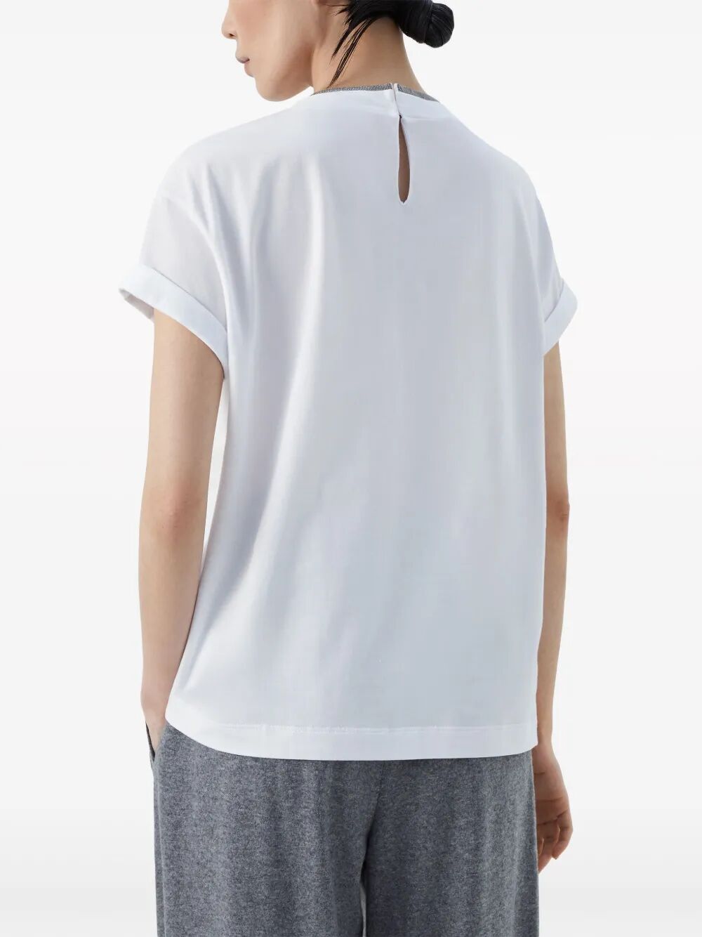 FLAT COTTON STRETCH SHORTSLV TEE W/ MONILI COLLAR